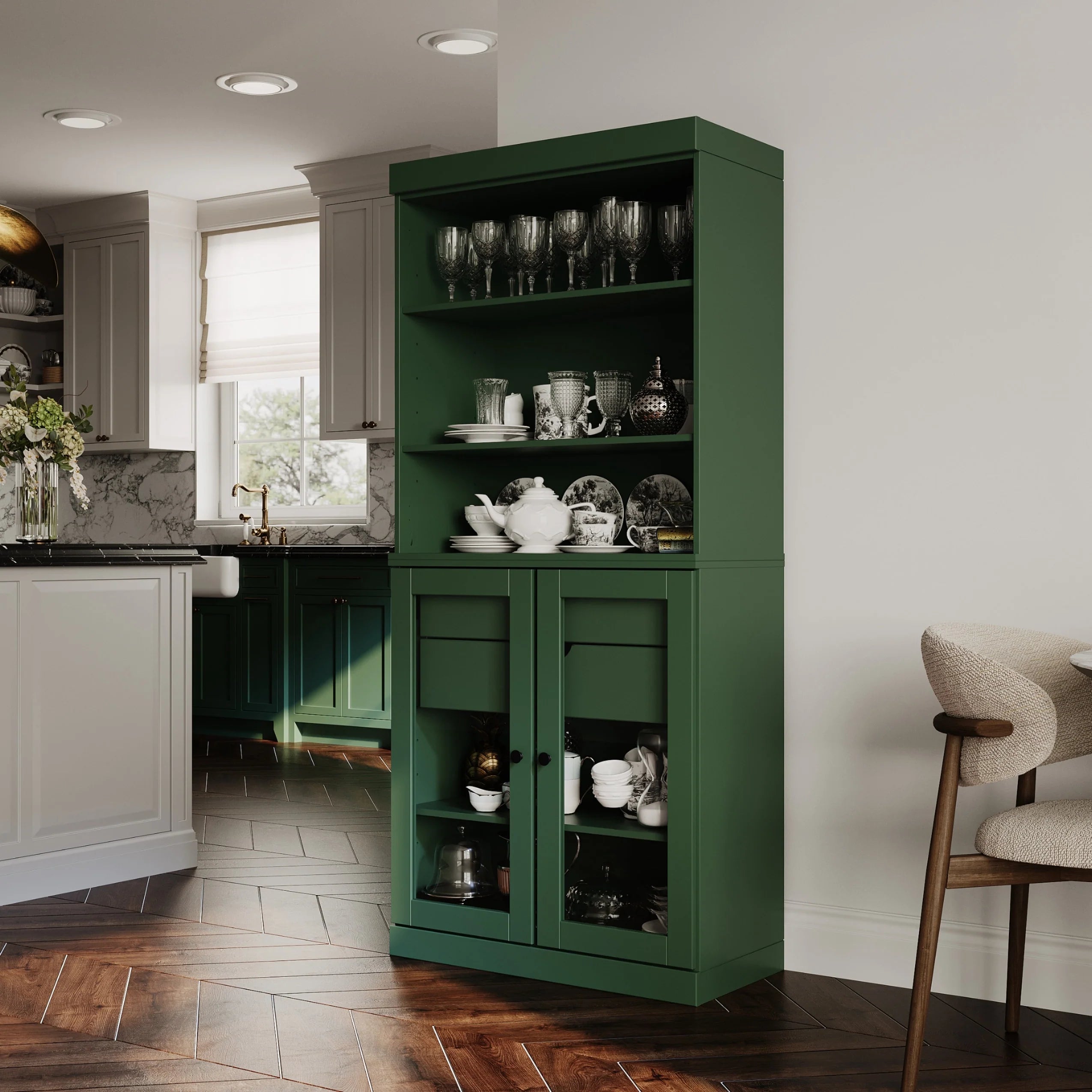 100% Solid Wood Kitchen Pantry Cabinet with 2 Clear Glass or Solid Wood Doors and 2-Drawer Organizer by Palace Imports