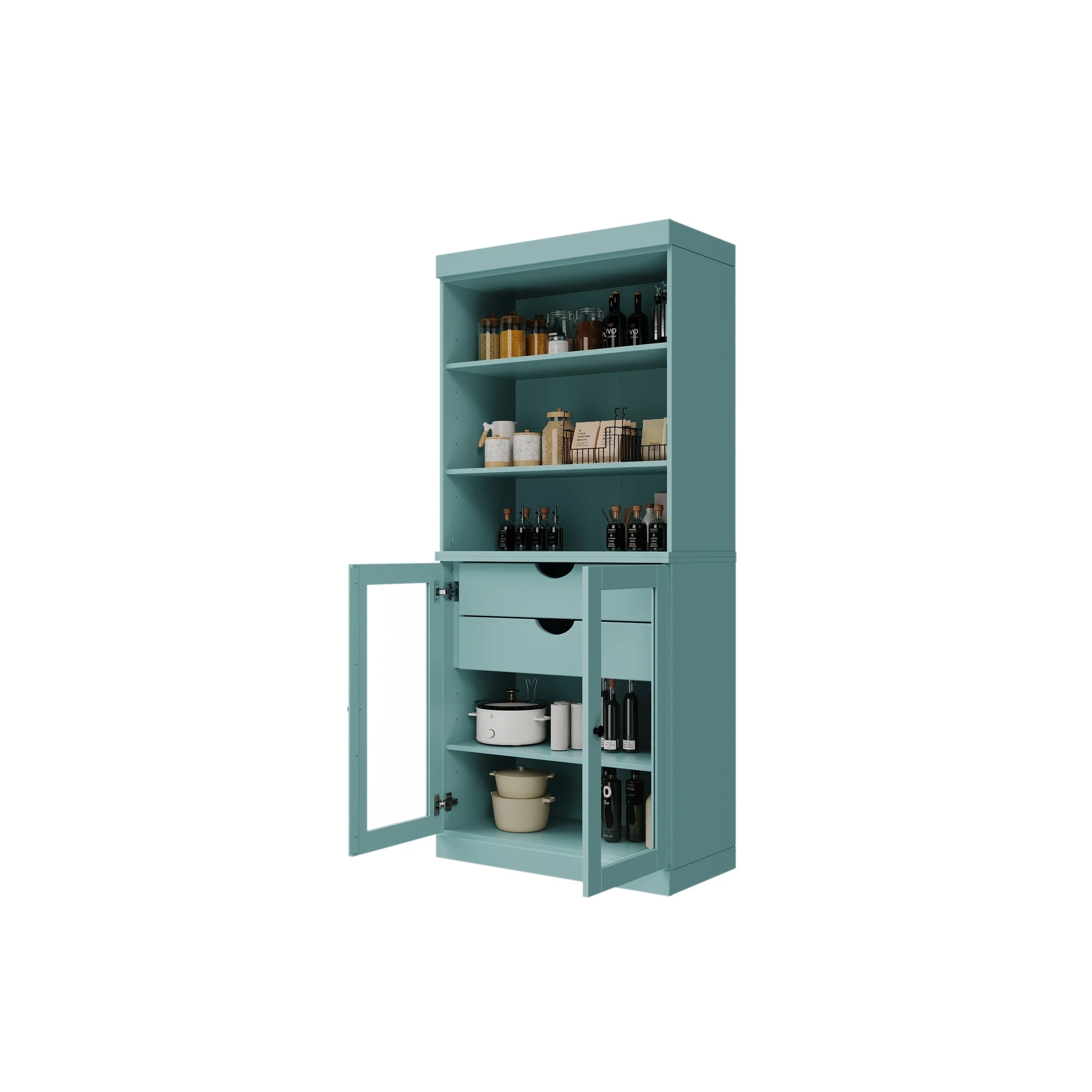 100% Solid Wood Kitchen Pantry Cabinet with 2 Clear Glass or Solid Wood Doors and 2-Drawer Organizer by Palace Imports