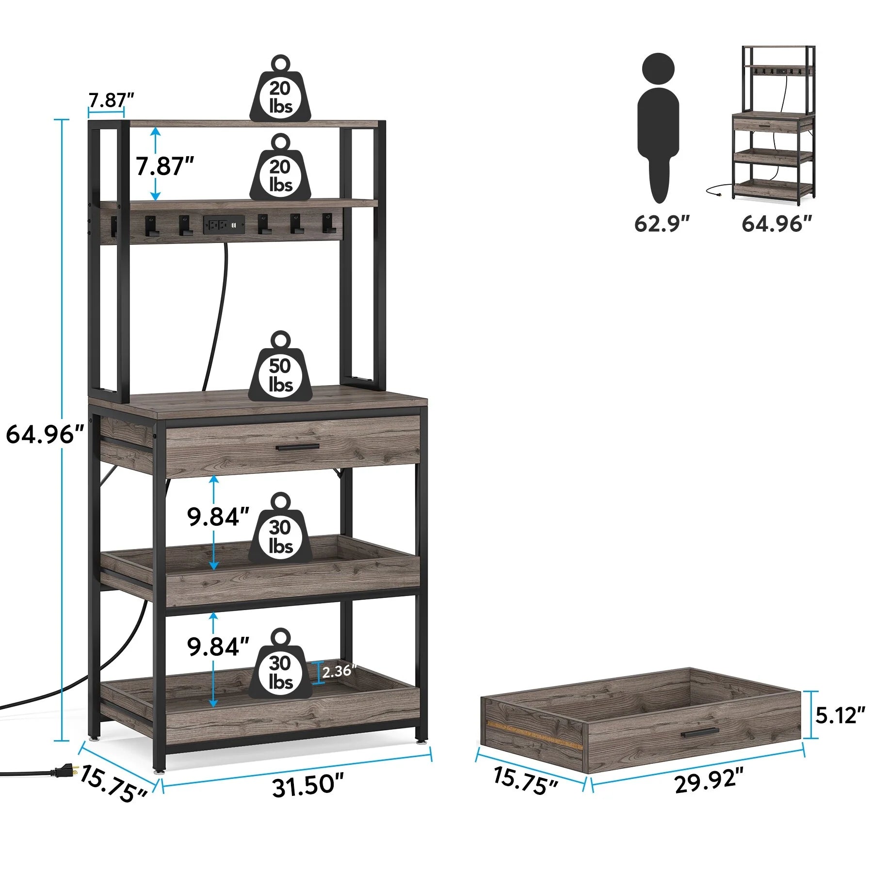 Kitchen Bakers Rack with Power Outlets, High Utility Storage Shelves Microwave Stand with Drawers