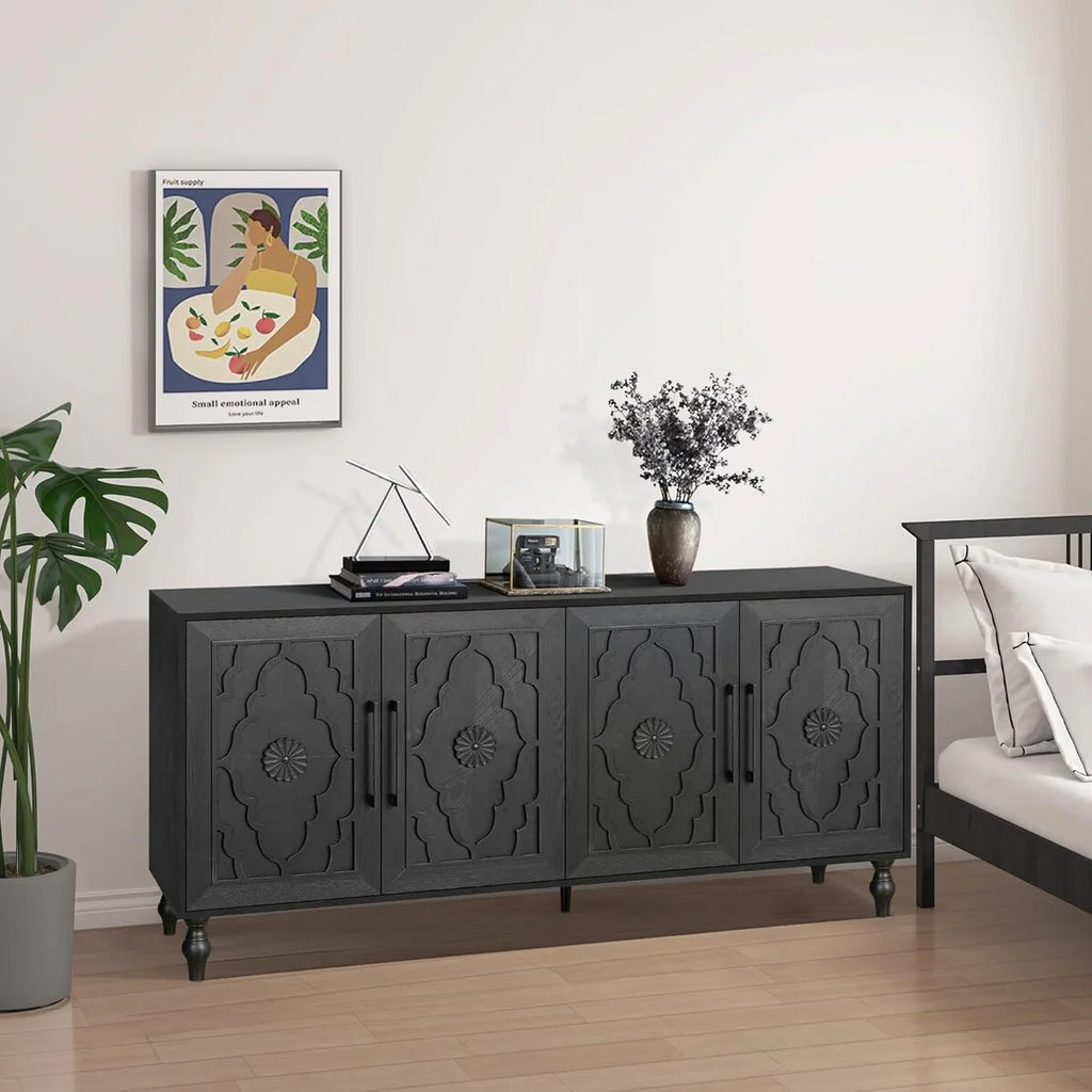 Roomfitters Carved Flower Door Large Storage Cabinet with Metal Handle - Perfect for Living Room, Kitchen, Entryway