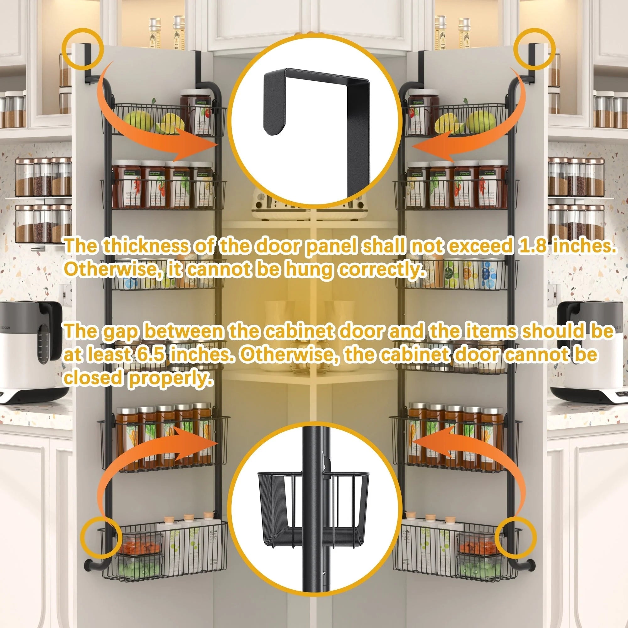 6-Tier Over the Door Pantry Organizer, Metal Pantry Organization and Storage with 6 Baskets, Heavy-Duty Back of Door Spice Rack