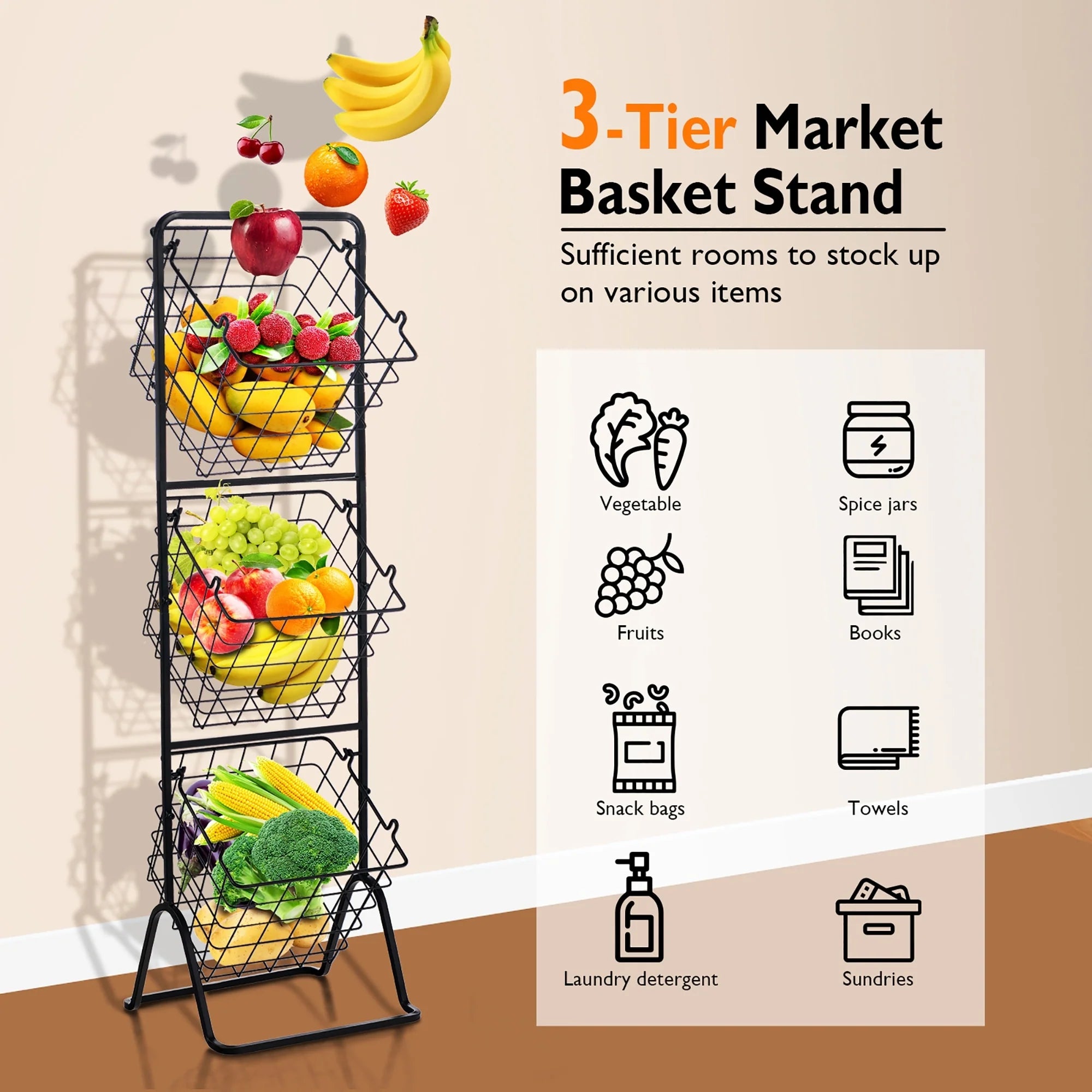 Costway 3-Tier Wire Fruit Basket Stand Kitchen Snack Vegetable Storage - See Details