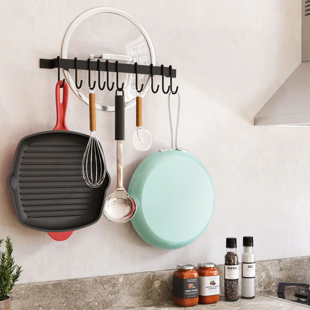 Wallniture Casto 17" Pot Rack with 10 Hooks, Steel Utensil Holder, Black