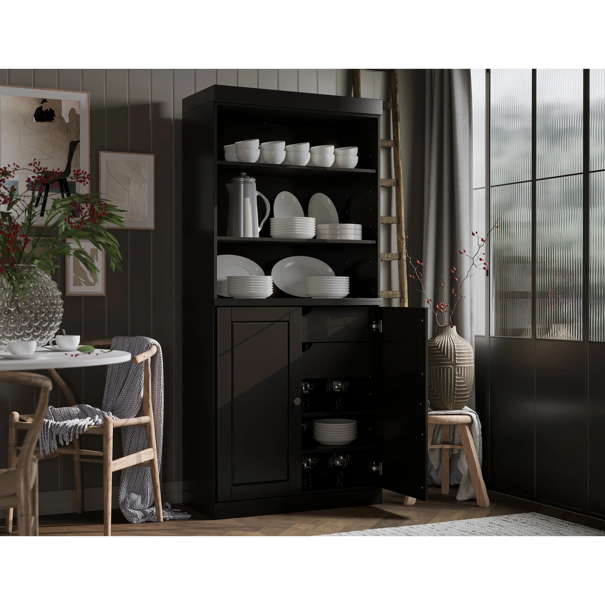 100% Solid Wood Kitchen Pantry Cabinet with 2 Clear Glass or Solid Wood Doors and 2-Drawer Organizer by Palace Imports