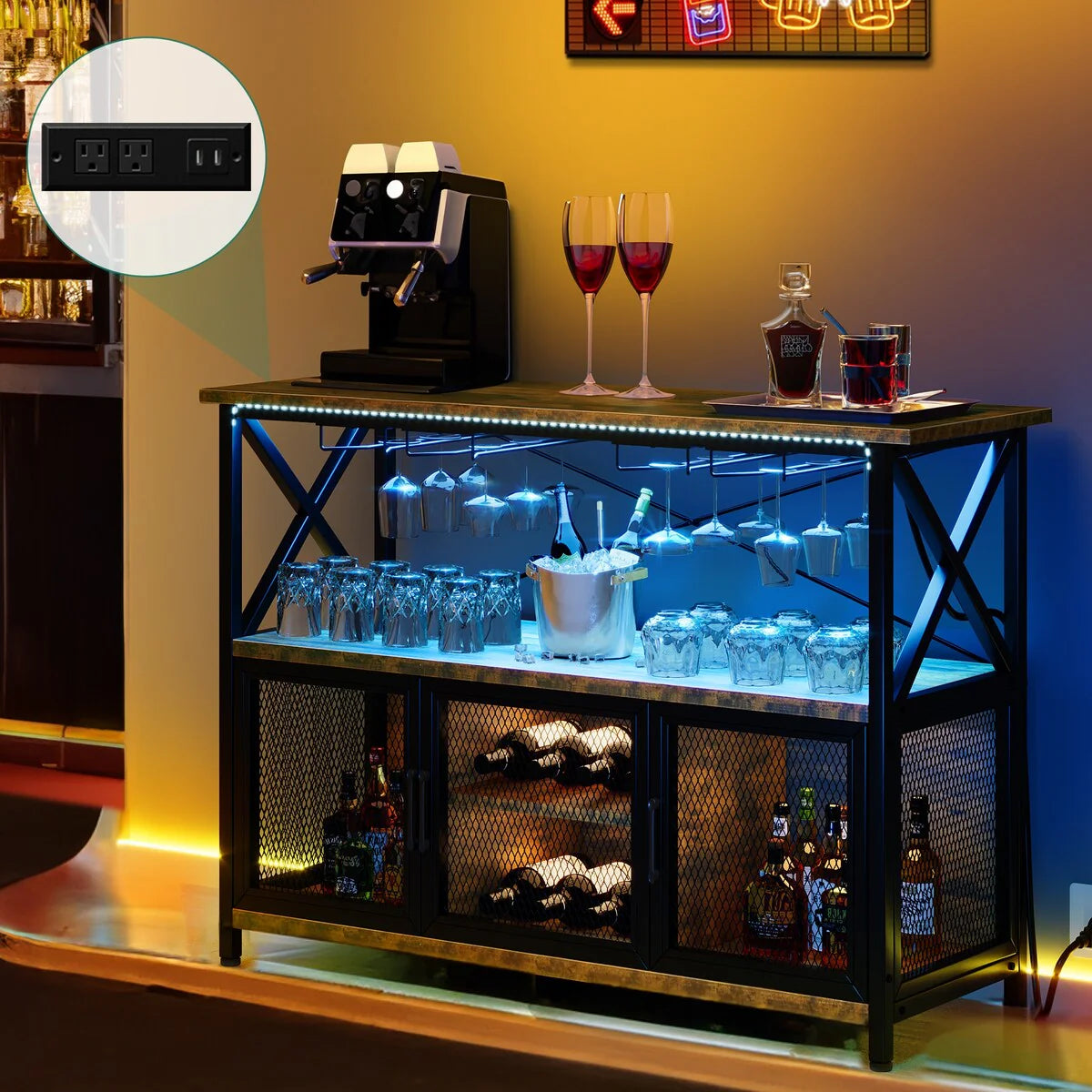 47" Wine Bar Cabinet with LED Lights Power Outlets Industrial Coffee Bar Cabinet - 47.2"L x 15.7"W x 33.4"H