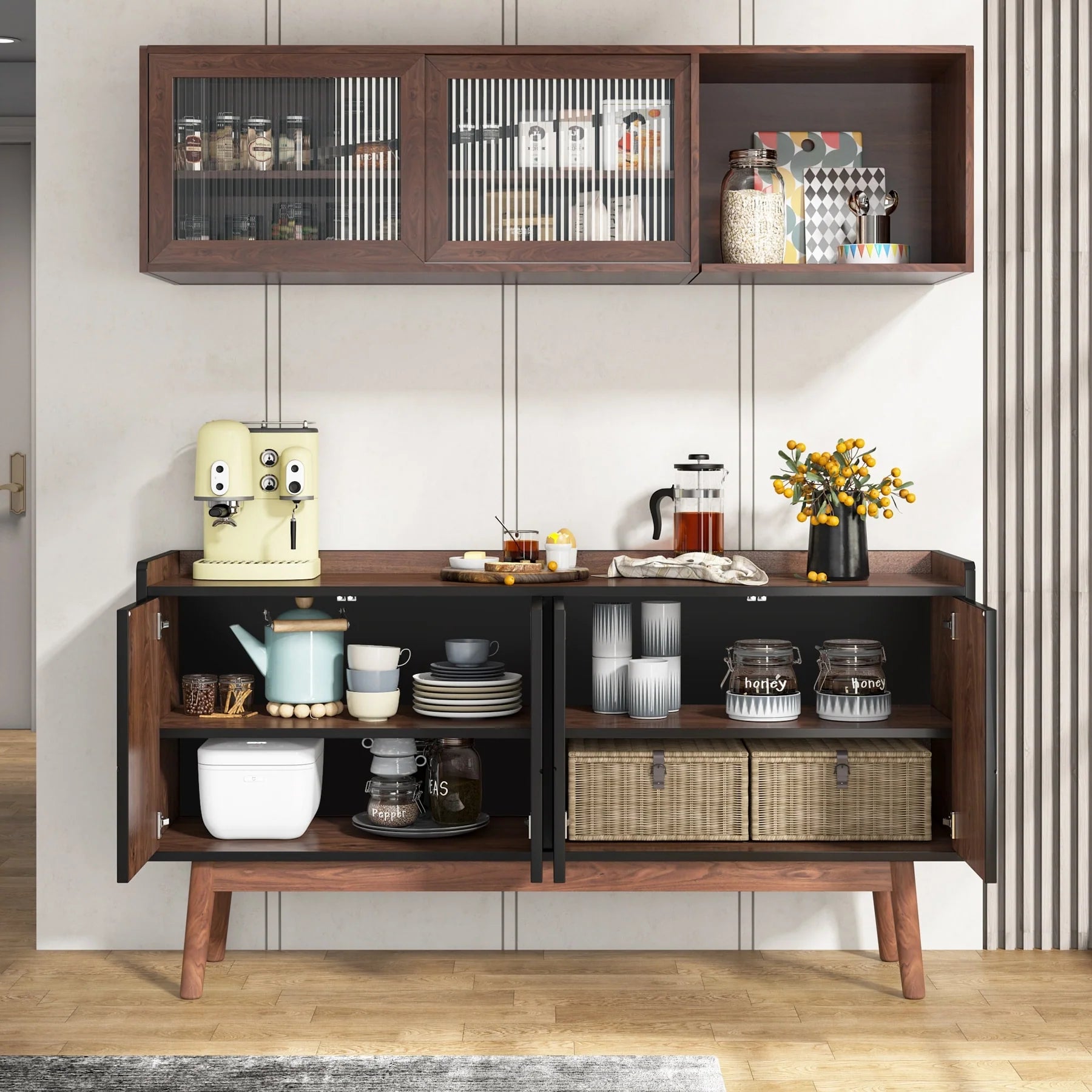 Wooden 4-door Buffet Sideboard with Storage for Kitchen Dining Room - N/A