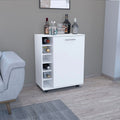 32" H white bar -coffee cart,living room cabinet storage with 4 wheels, with 6 bottle racks, a central shelf covered by 1 door