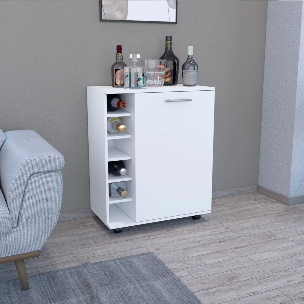 32" H white bar -coffee cart,living room cabinet storage with 4 wheels, with 6 bottle racks, a central shelf covered by 1 door