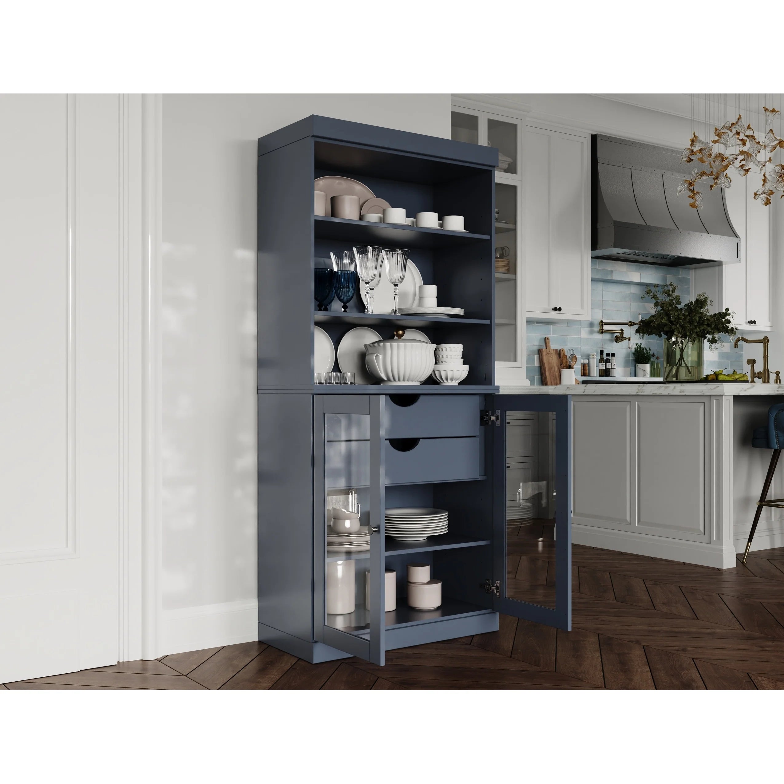 100% Solid Wood Kitchen Pantry Cabinet with 2 Clear Glass or Solid Wood Doors and 2-Drawer Organizer by Palace Imports