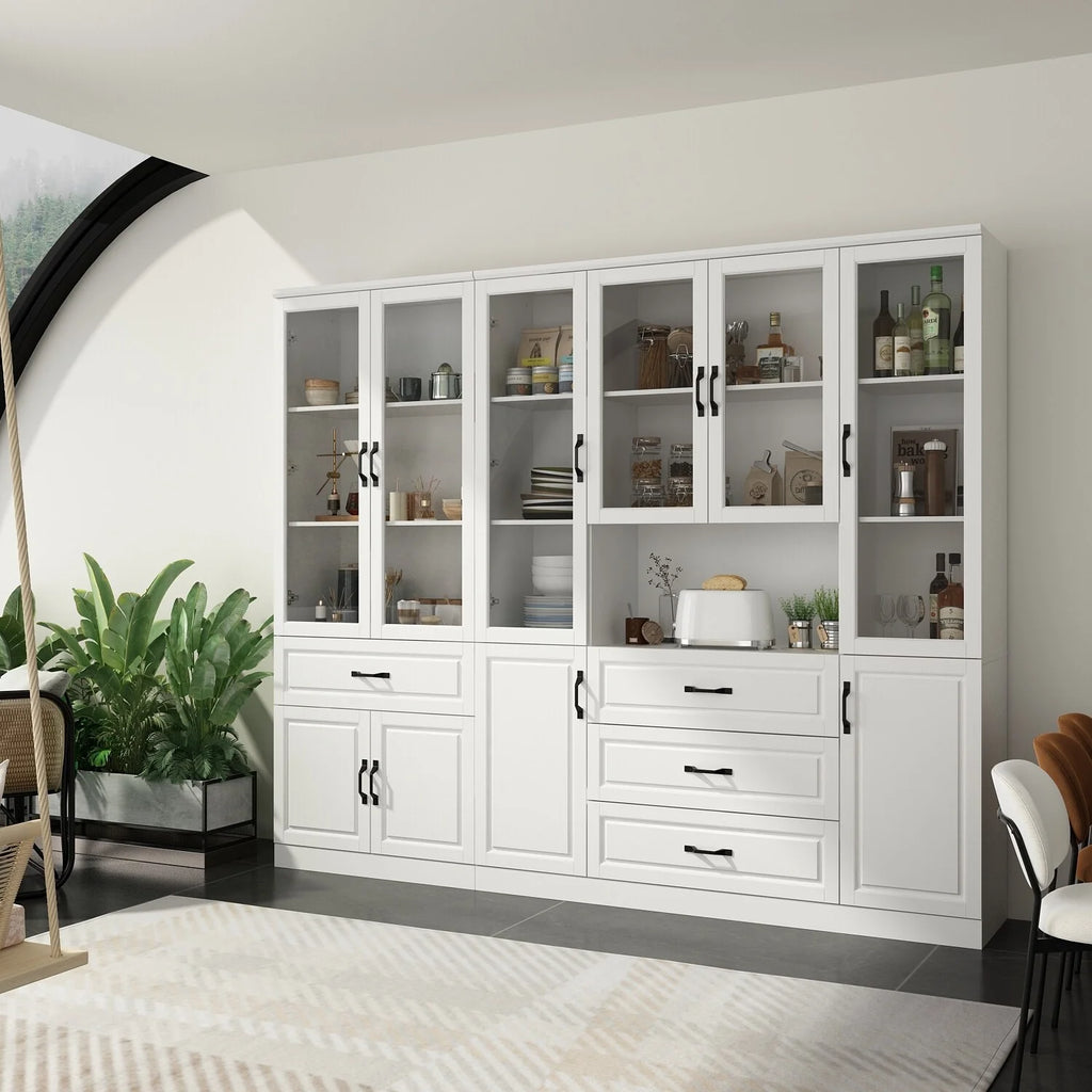 78.7"Modular White Curio Bookcase Cabinet w/Glass Doors Buffet Display
