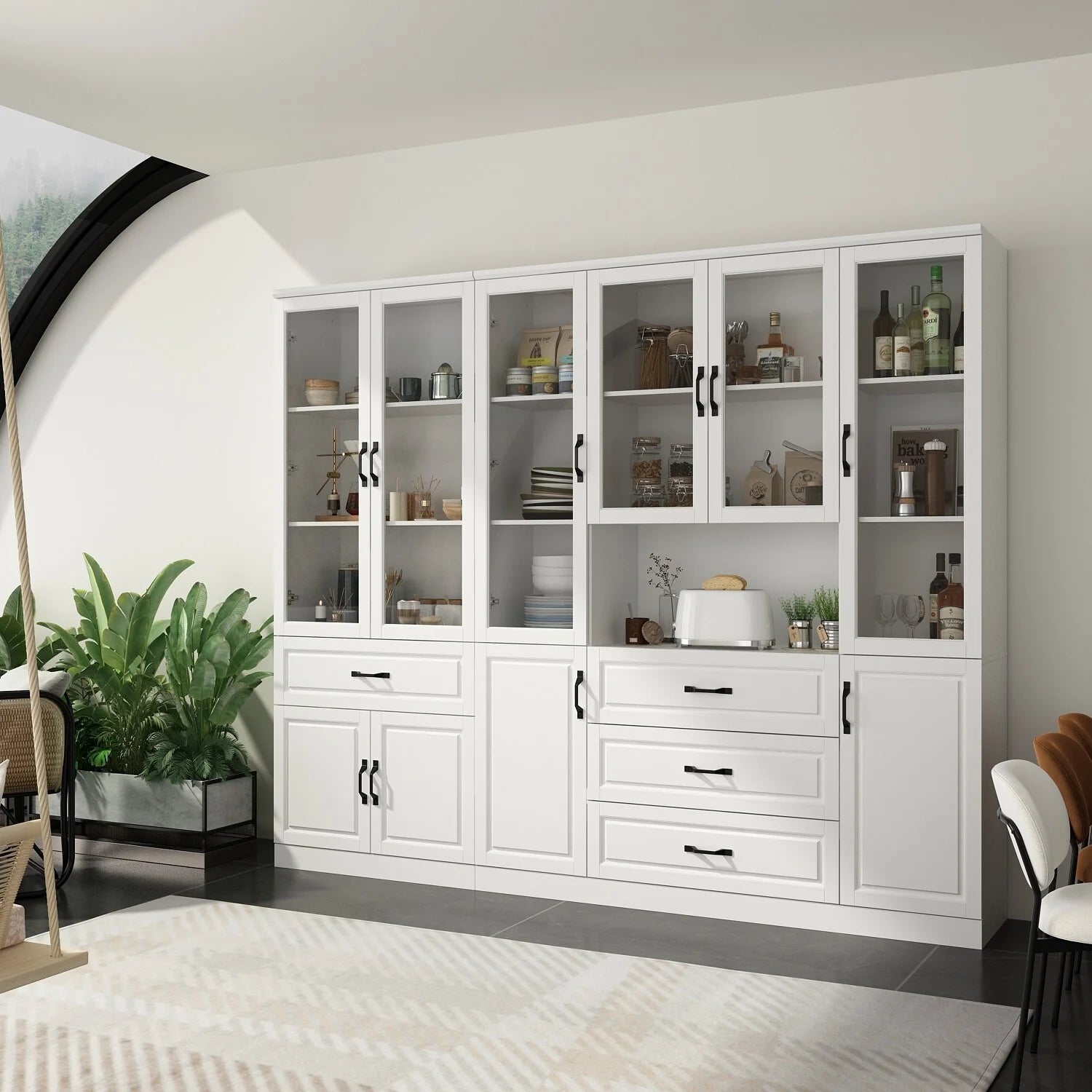 78.7"Modular White Curio Bookcase Cabinet w/Glass Doors Buffet Display