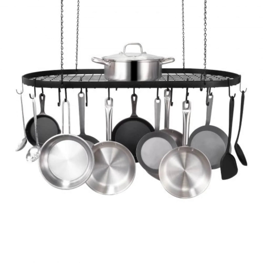 Black Carbon Steel Ceiling Mounted Hanging Pot Rack with S Shaped Hooks Ideal for Home or Restaurant