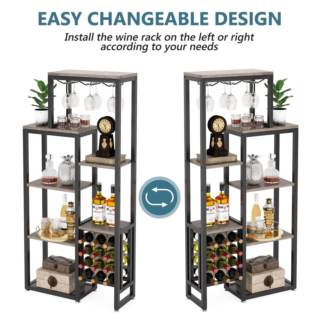 5-Tier Freestanding Floor Wine Baker Rack with Glass Holder & Wine Storage, Industrial Wine Display for Bar, Dining Room - N/A