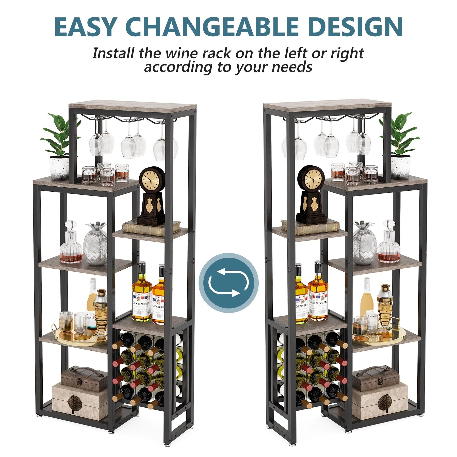 5-Tier Freestanding Floor Wine Baker Rack with Glass Holder & Wine Storage, Industrial Wine Display for Bar, Dining Room - N/A