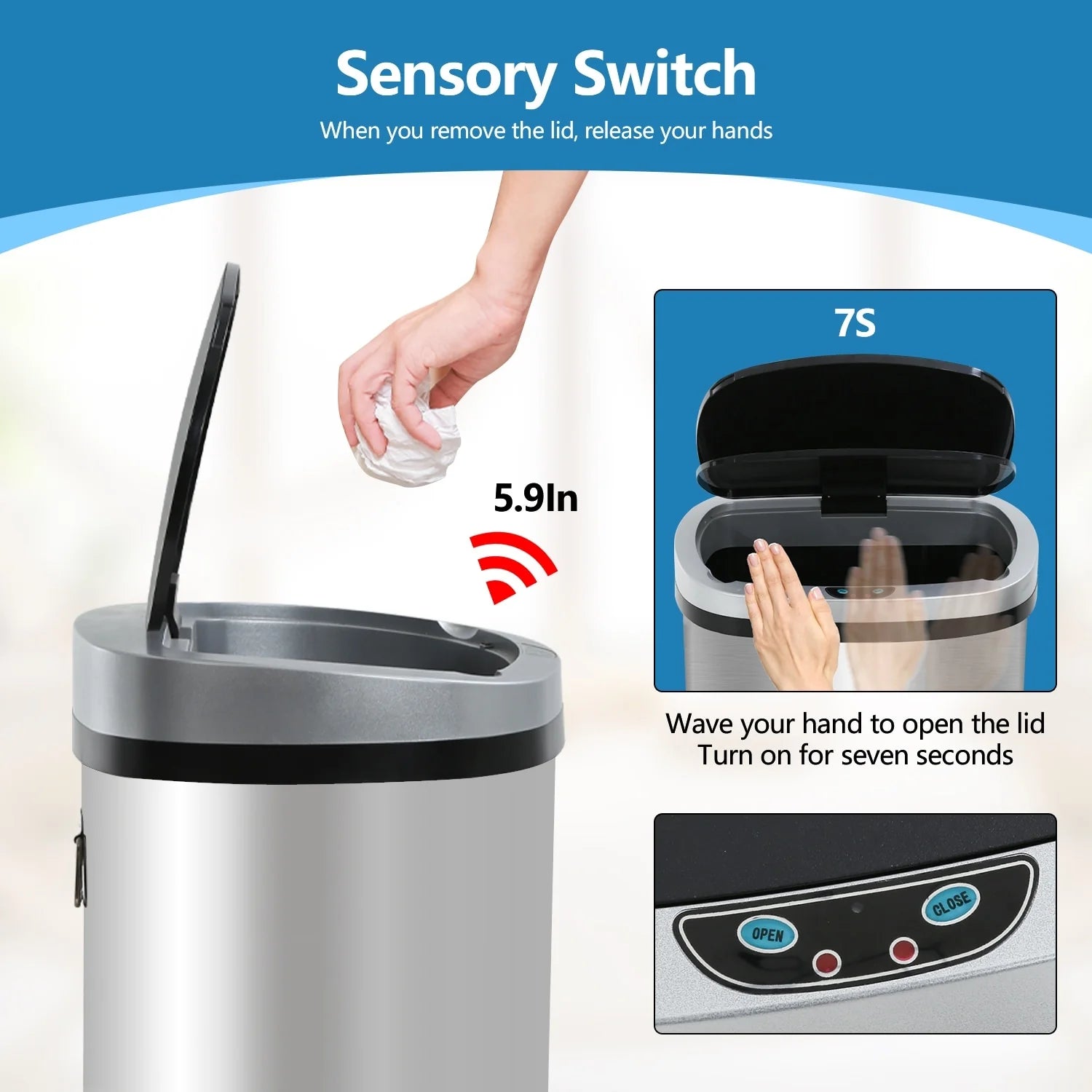 Motion Sensor 13 Gallon 50 Liter Stainless Steel Odorless Slim Trash Can by Furniture of America