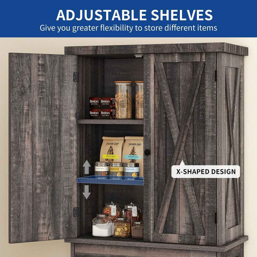 Moasis Farmhouse Freestanding 72'' Kitchen Pantry Storage Cabinet Cupboard with Drawer Adjustable Shelves