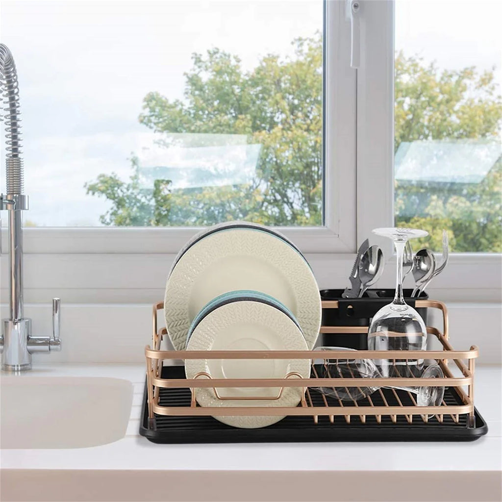 Aluminum Dish Drying Rack with Cutlery Holder, Rose Gold