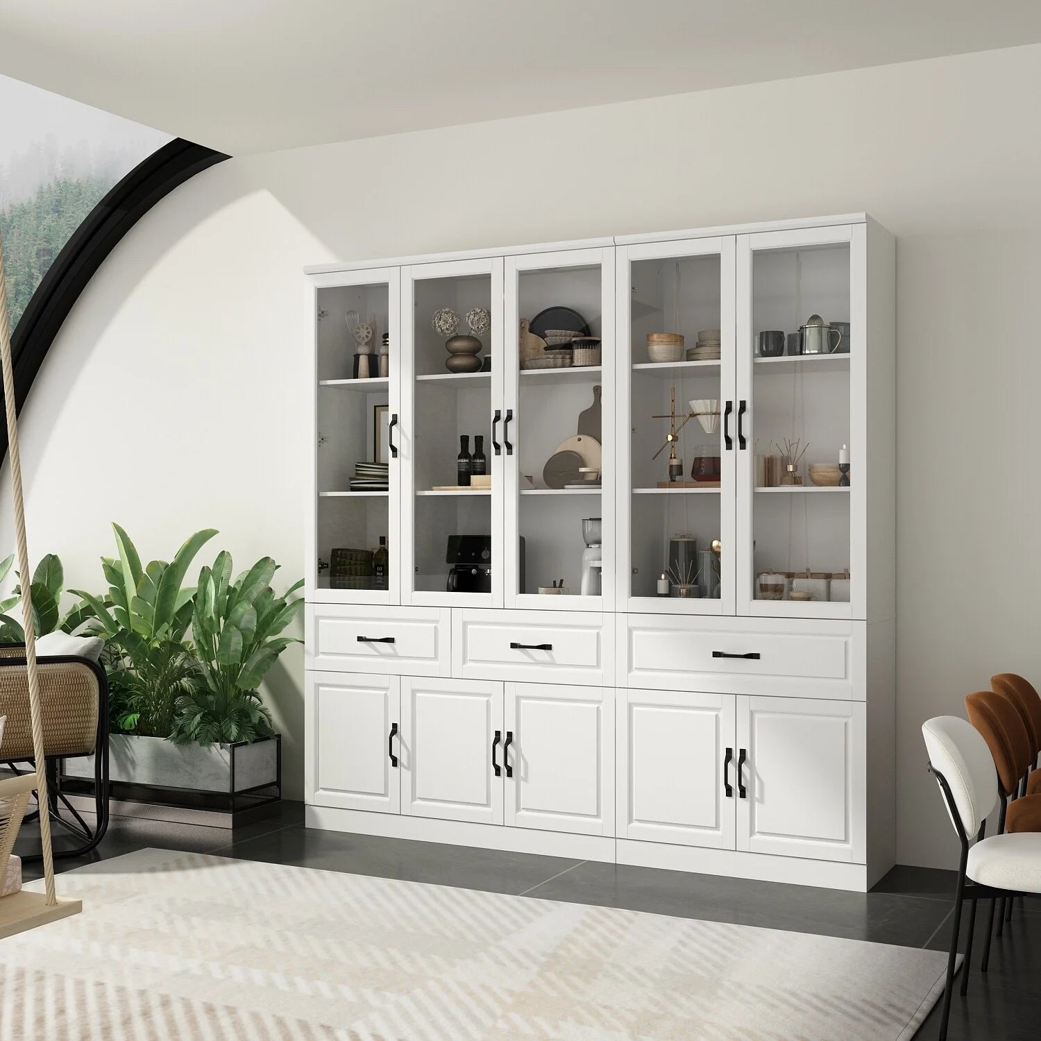 78.7"Modular White Curio Bookcase Cabinet w/Glass Doors Buffet Display