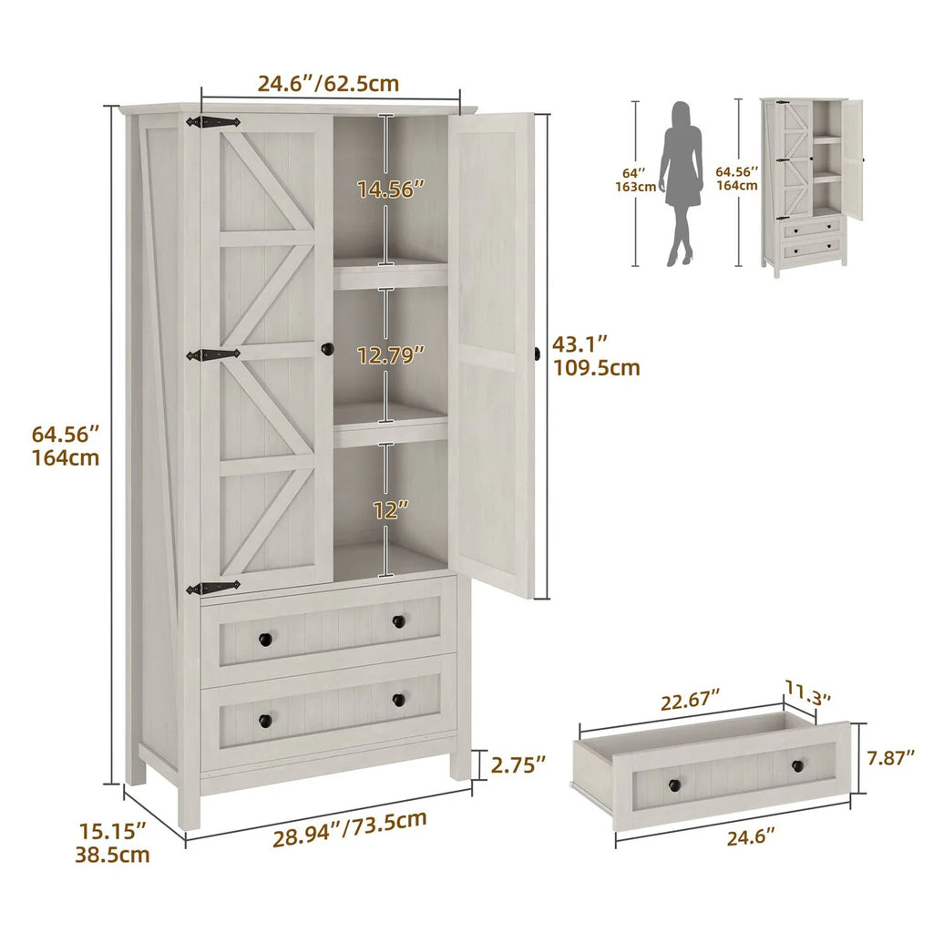 64" Farmhouse Tall Kitchen Pantry Storage Cabinet with 2 Drawers & Doors