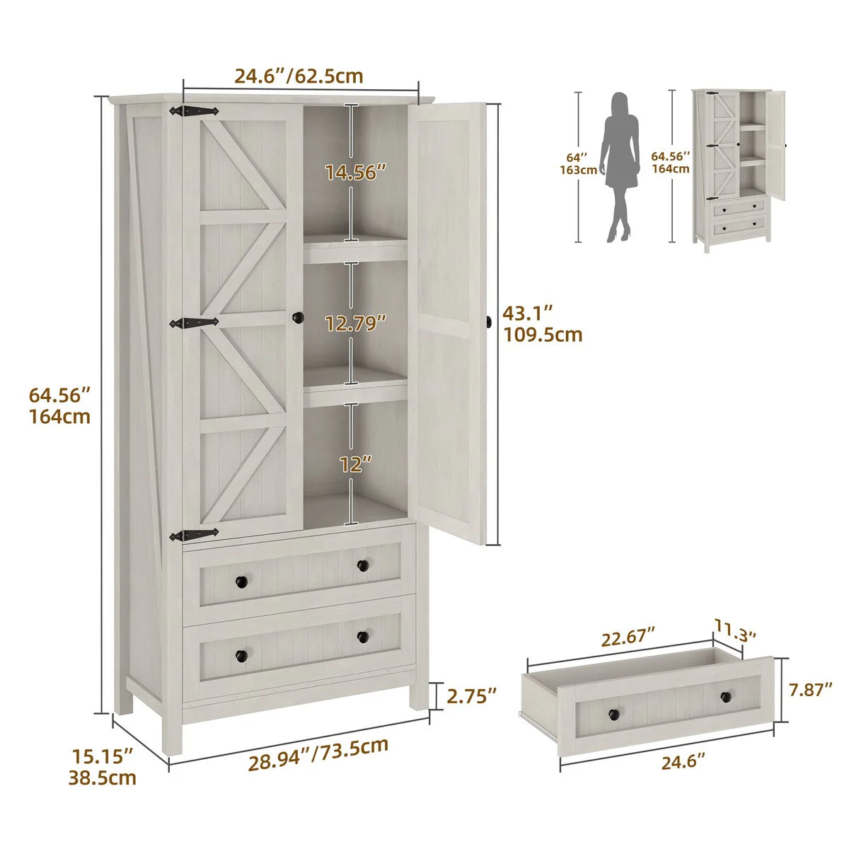 64" Farmhouse Tall Kitchen Pantry Storage Cabinet with 2 Drawers & Doors