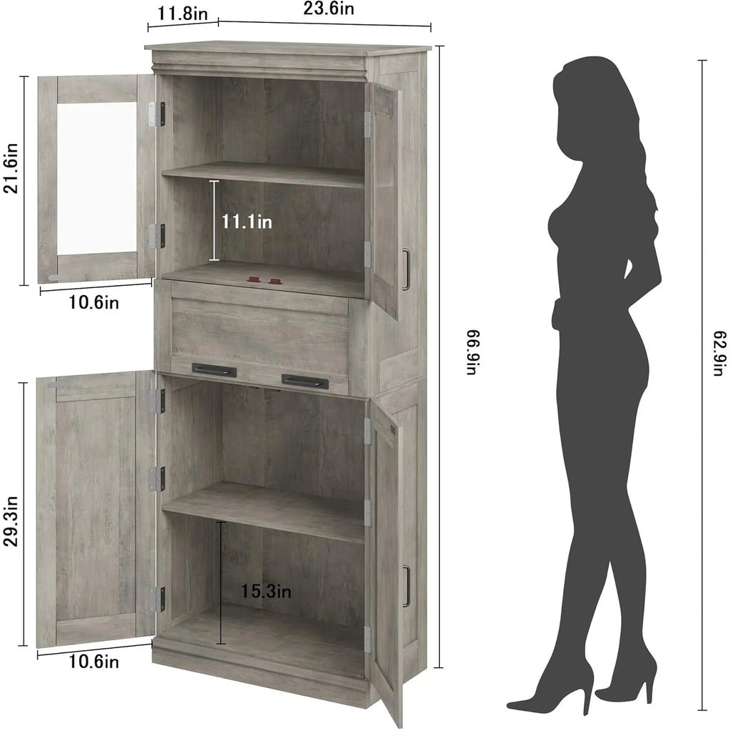 Tall Bathroom Cabinet, Freestanding Storage Cabinet with Glass Doors