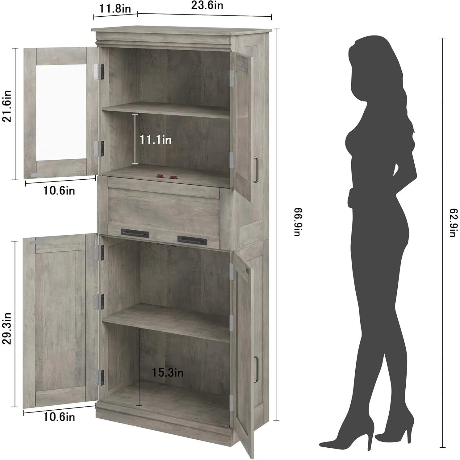 Tall Bathroom Cabinet, Freestanding Storage Cabinet with Glass Doors
