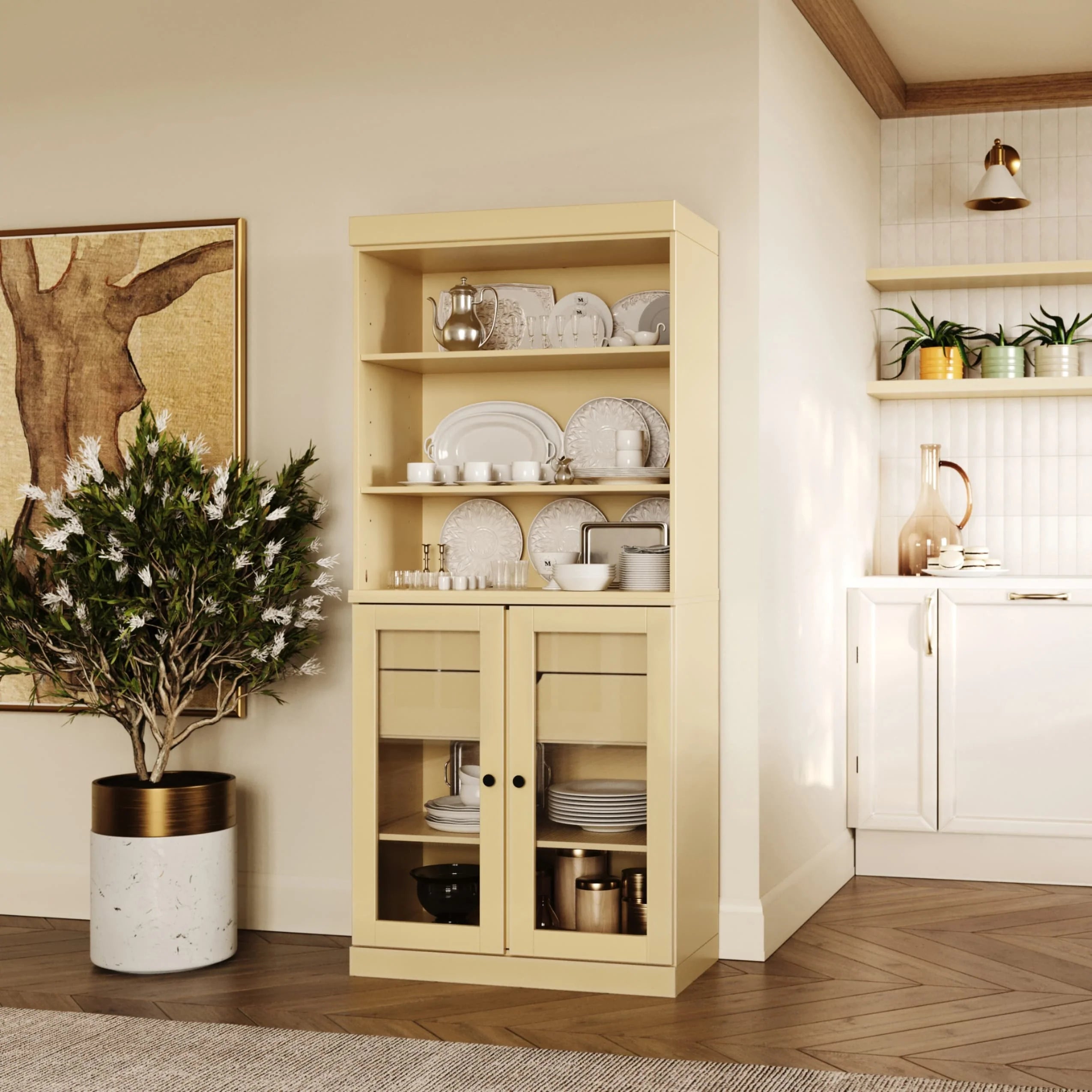 100% Solid Wood Kitchen Pantry Cabinet with 2 Clear Glass or Solid Wood Doors and 2-Drawer Organizer by Palace Imports
