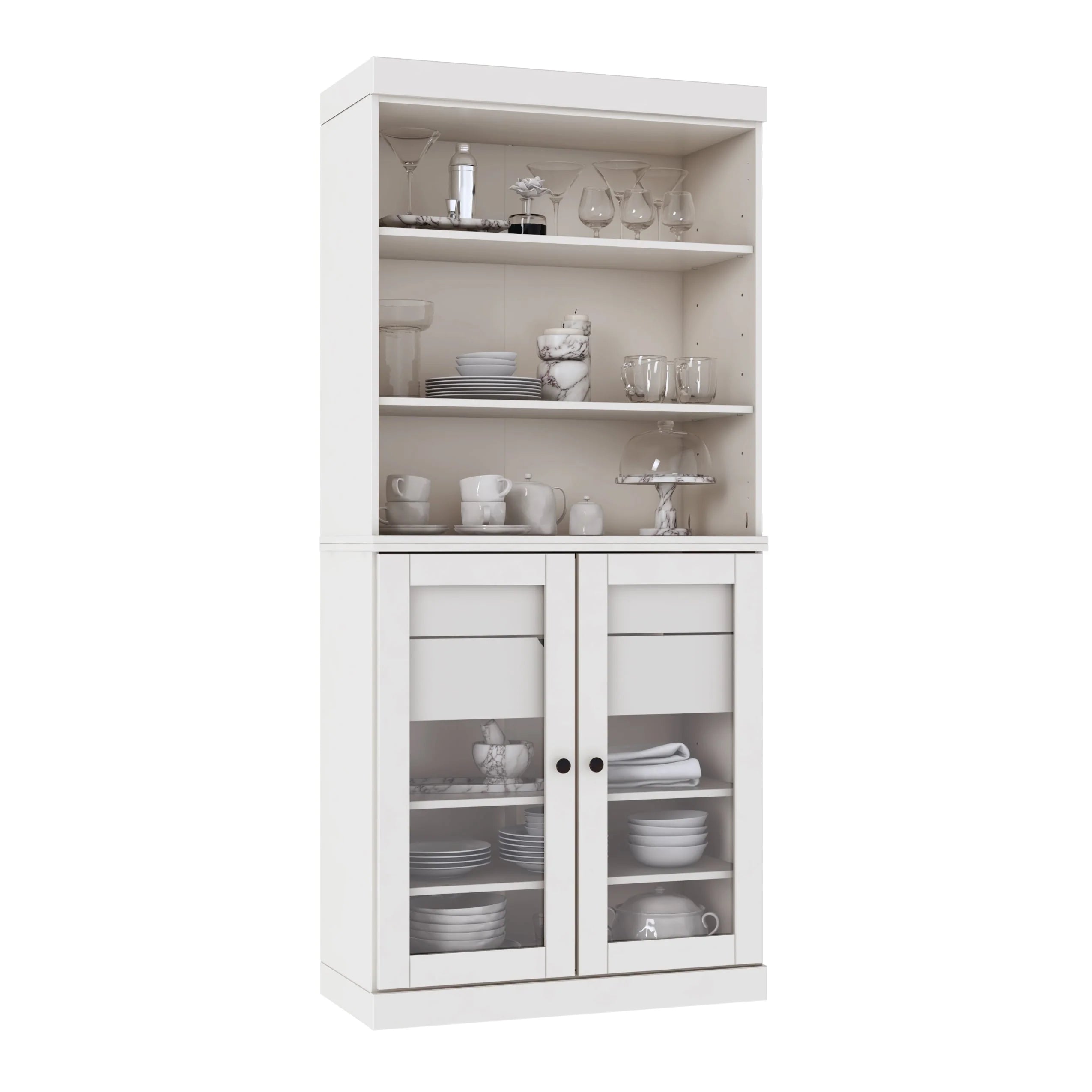100% Solid Wood Kitchen Pantry Cabinet with 2 Clear Glass or Solid Wood Doors and 2-Drawer Organizer by Palace Imports
