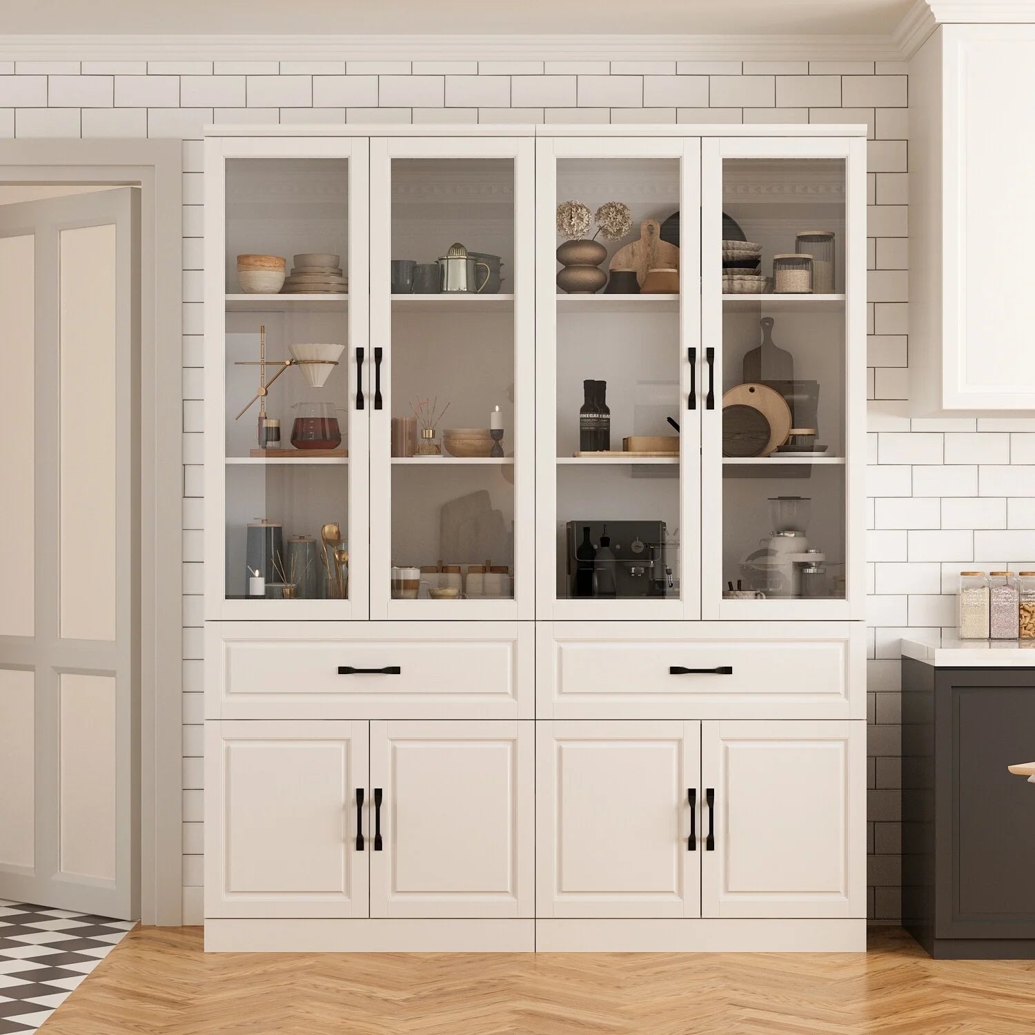 78.7"Modular White Curio Bookcase Cabinet w/Glass Doors Buffet Display