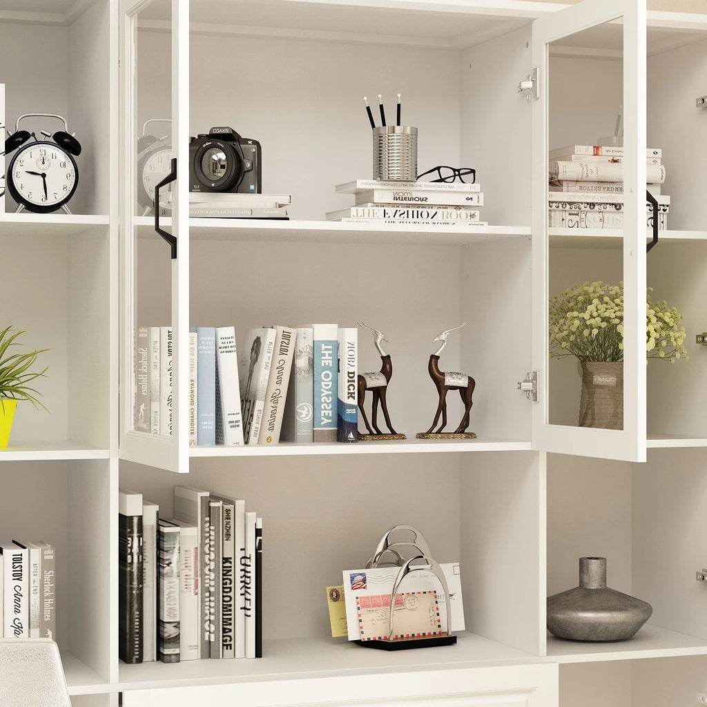 78.7"Modular White Curio Bookcase Cabinet w/Glass Doors Buffet Display