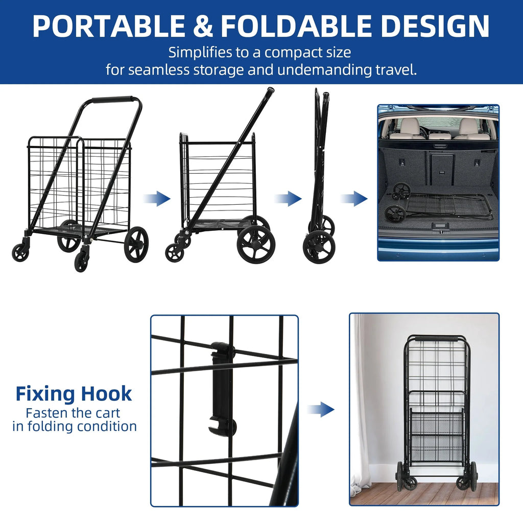 Moasis Utility Folding Shopping Cart Portable Trolley with Swivel Wheels