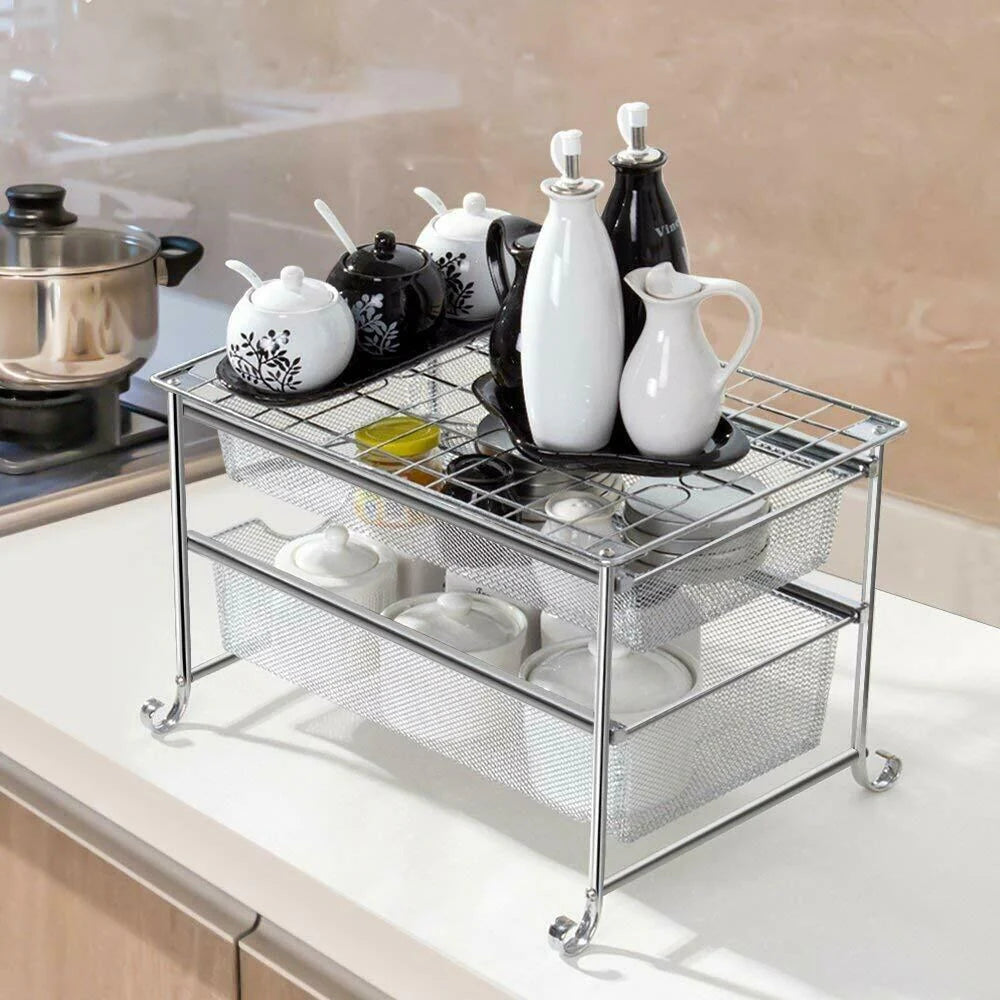 2 Tier Stackable Sliding Double Basket Cabinet Organizers, Silver