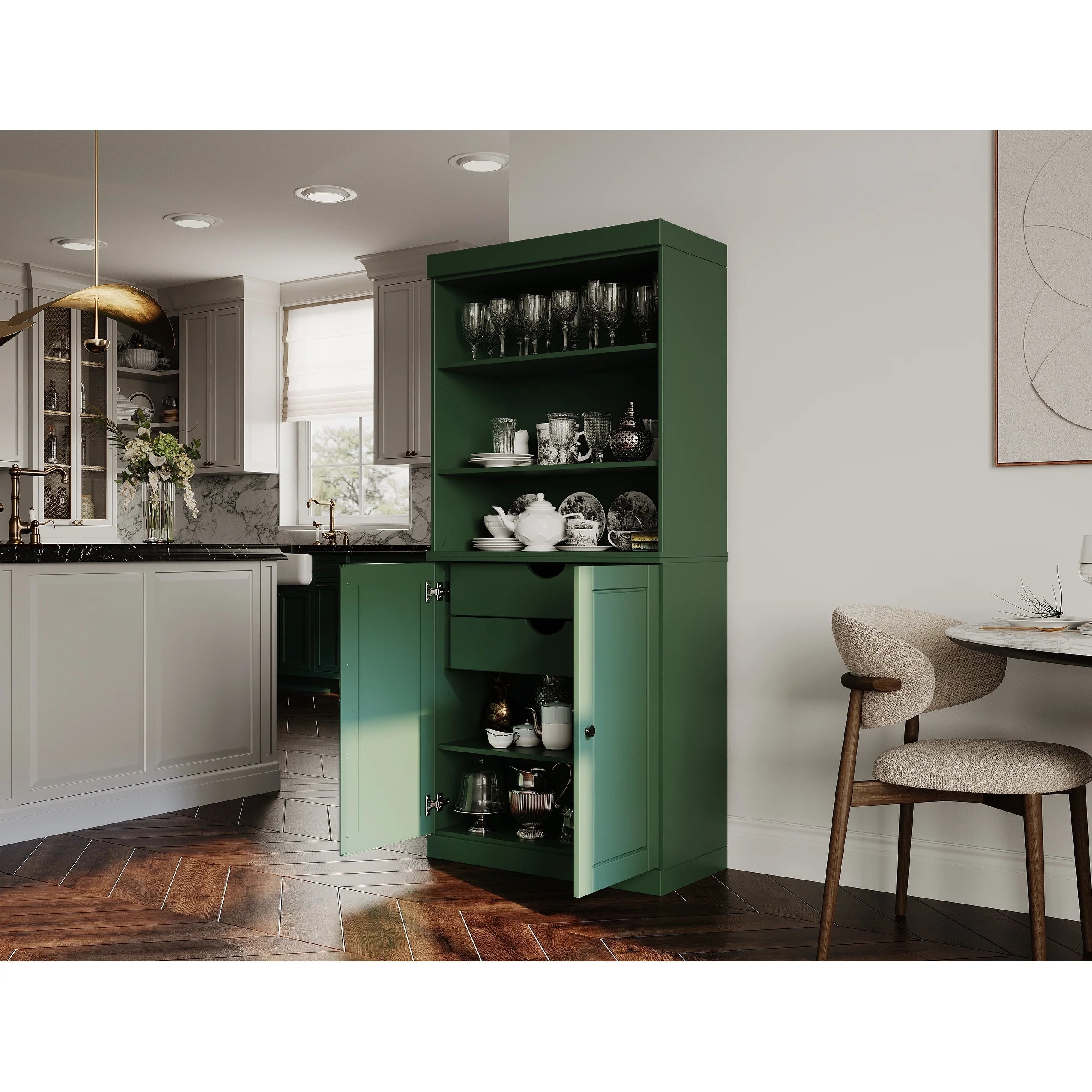 100% Solid Wood Kitchen Pantry Cabinet with 2 Clear Glass or Solid Wood Doors and 2-Drawer Organizer by Palace Imports