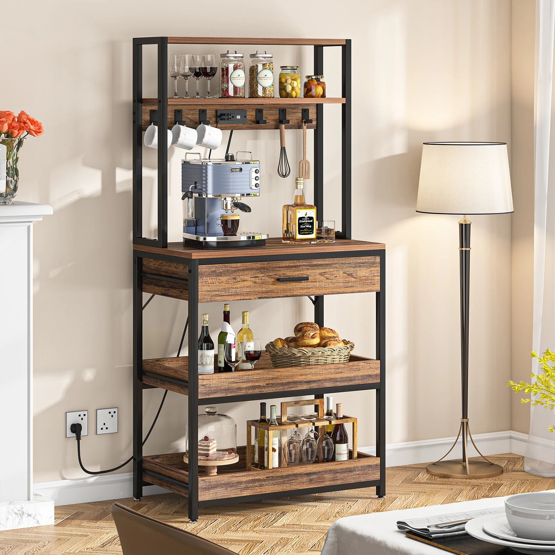 Kitchen Bakers Rack with Power Outlets, High Utility Storage Shelves Microwave Stand with Drawers