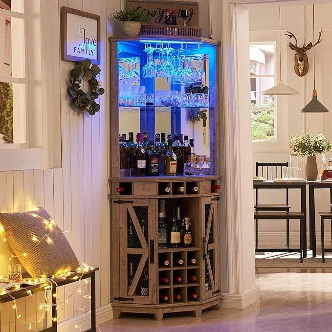 Farmhouse Corner Bar Storage Cabinet, Wine Bar Cabinet, Bar Cabinet
