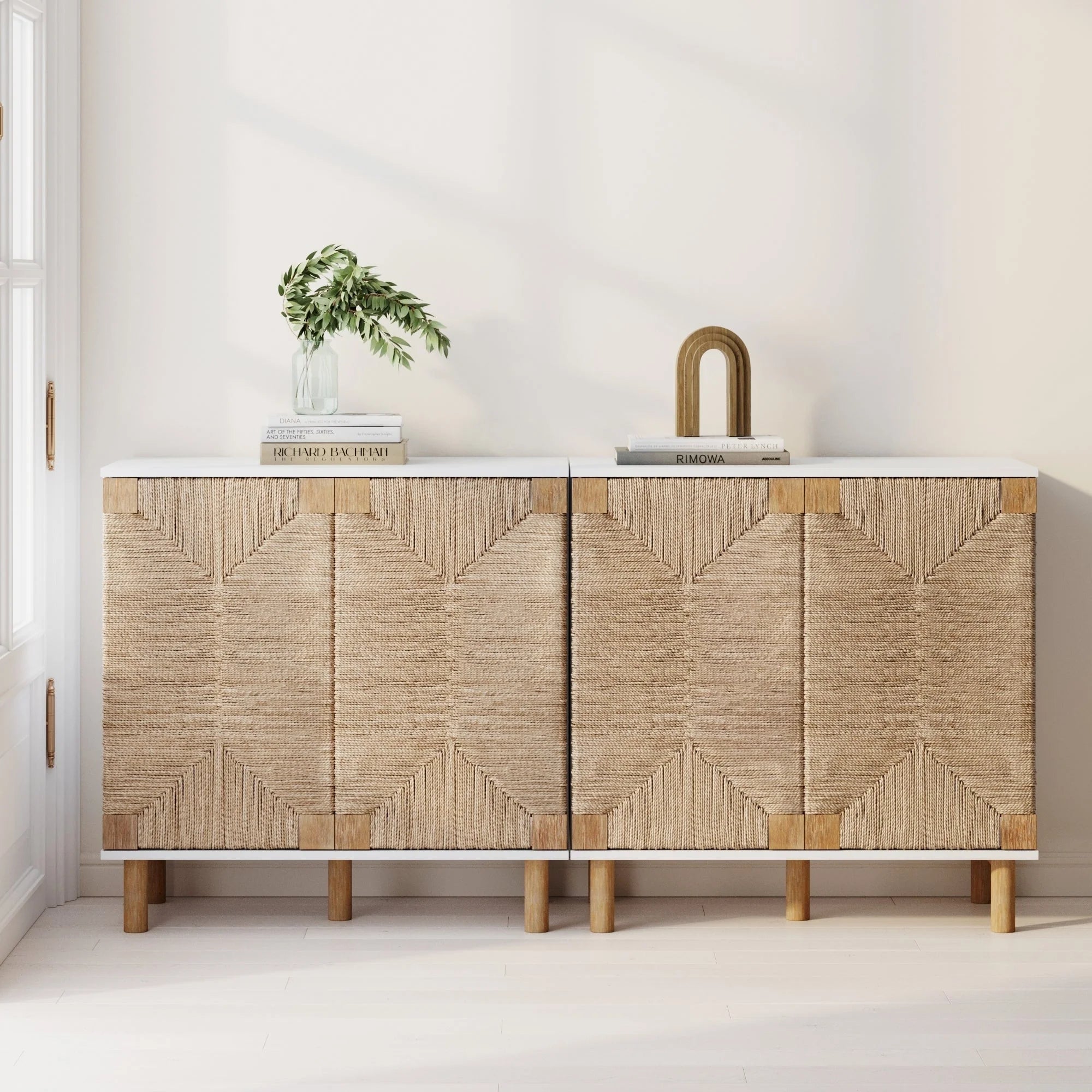 Nathan James Beacon Wood Accent Cabinet with Seagrass Doors and Adjustable Shelf