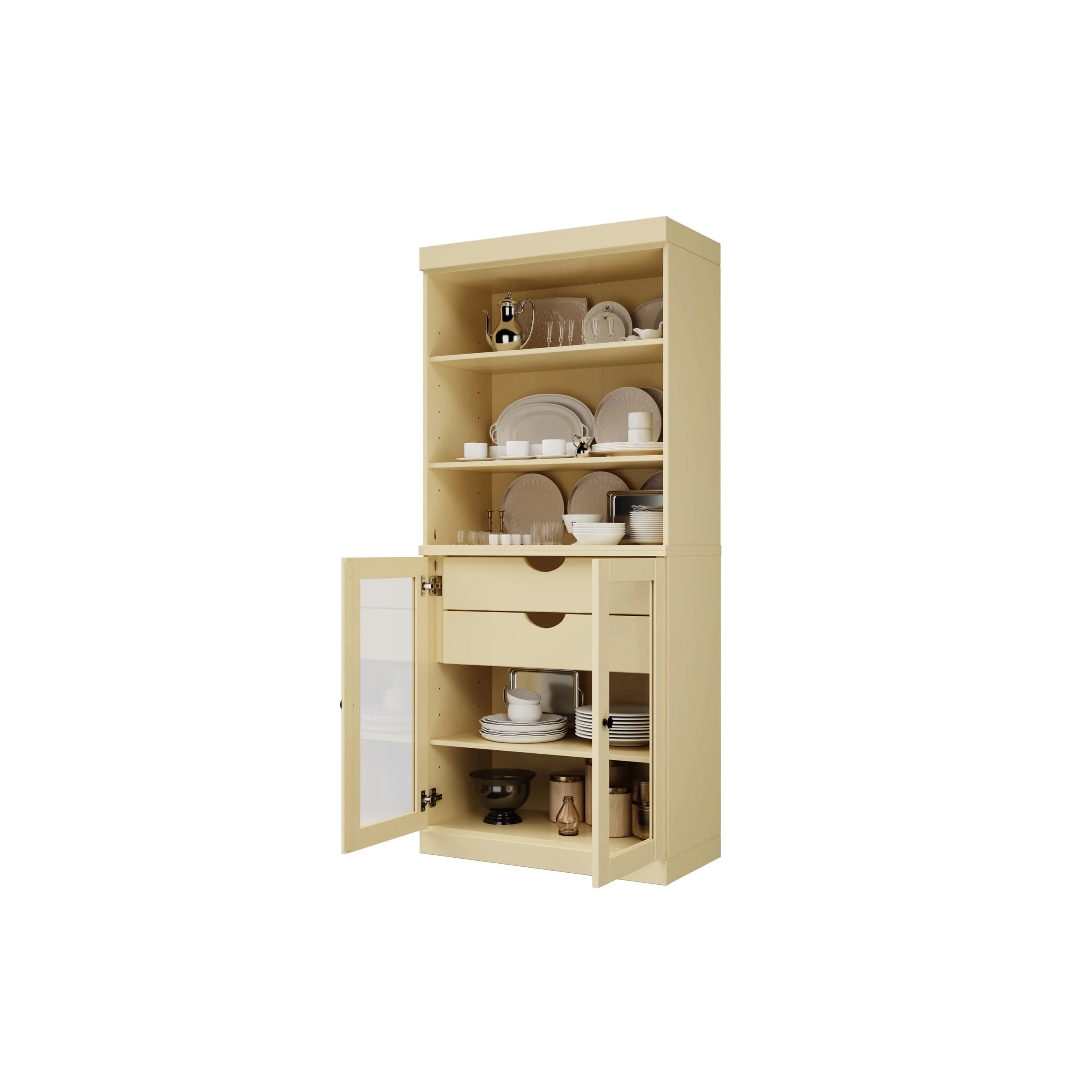 100% Solid Wood Kitchen Pantry Cabinet with 2 Clear Glass or Solid Wood Doors and 2-Drawer Organizer by Palace Imports
