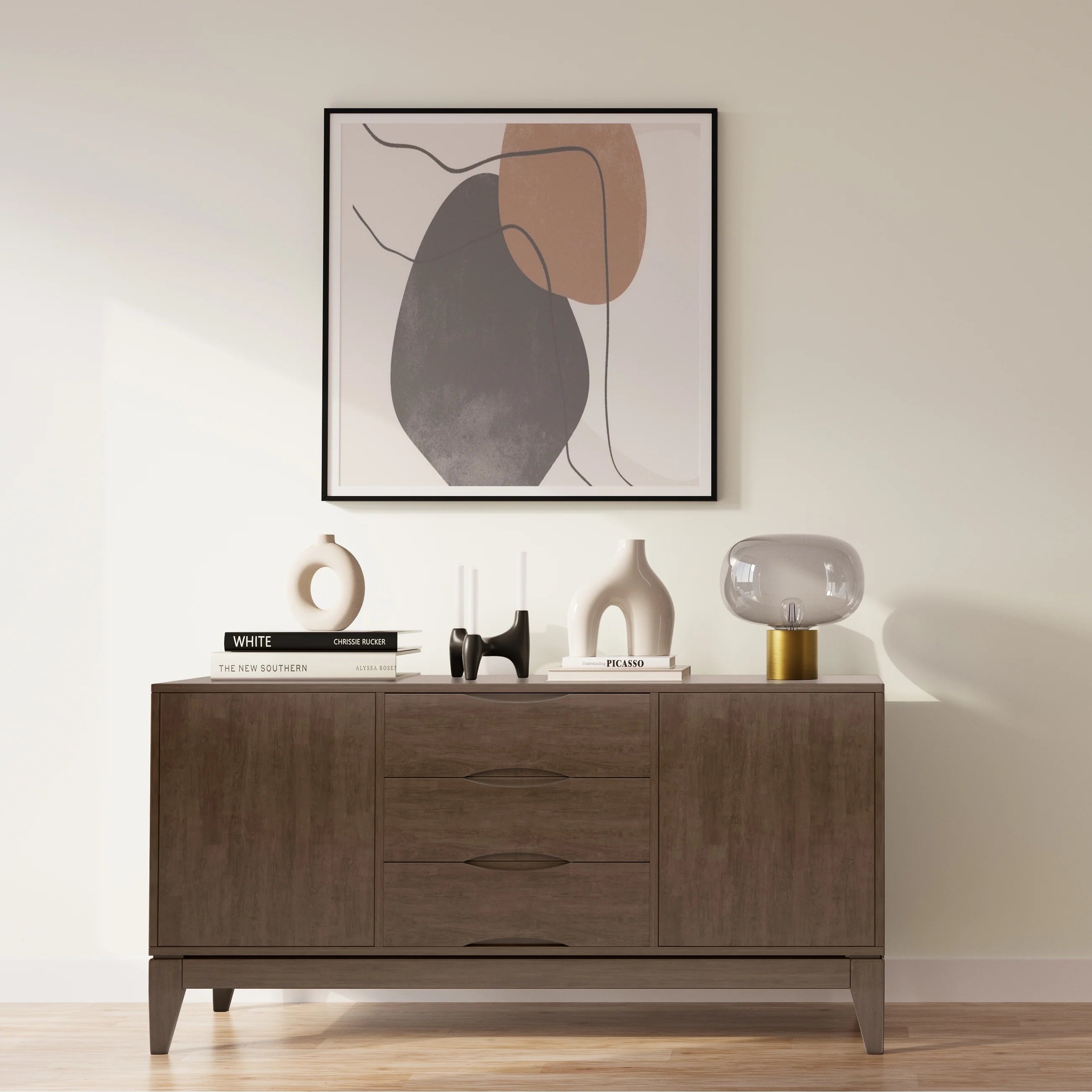 WYNDENHALL Pearson SOLID HARDWOOD 60 inch Wide Mid Century Design Sideboard Buffet in Walnut Brown - 17"d x 60"w x 30"h