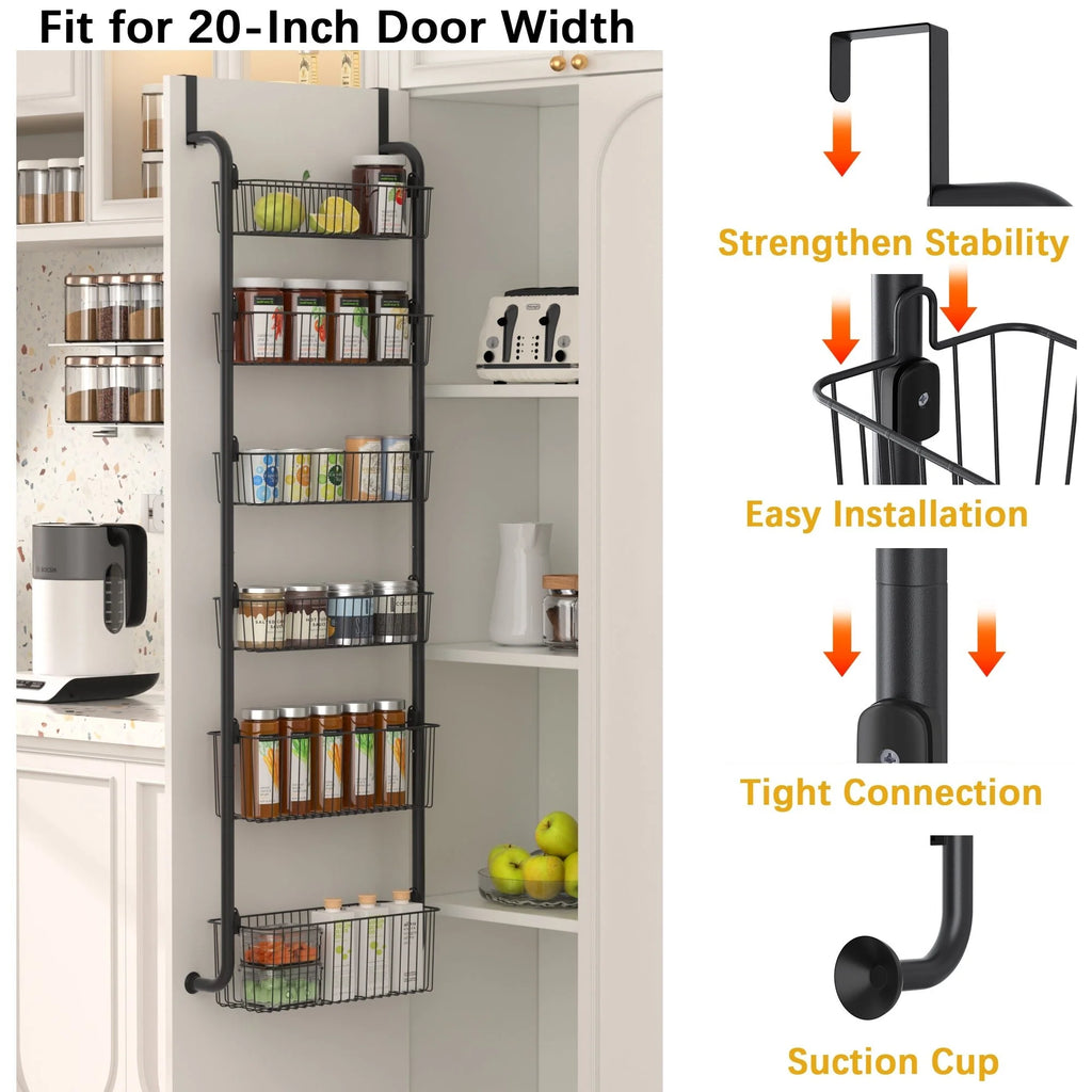 6-Tier Over the Door Pantry Organizer, Metal Pantry Organization and Storage with 6 Baskets, Heavy-Duty Back of Door Spice Rack