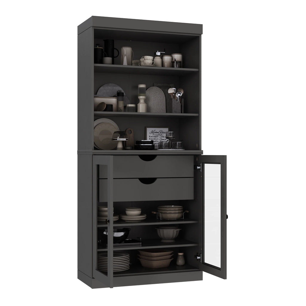100% Solid Wood Kitchen Pantry Cabinet with 2 Clear Glass or Solid Wood Doors and 2-Drawer Organizer by Palace Imports
