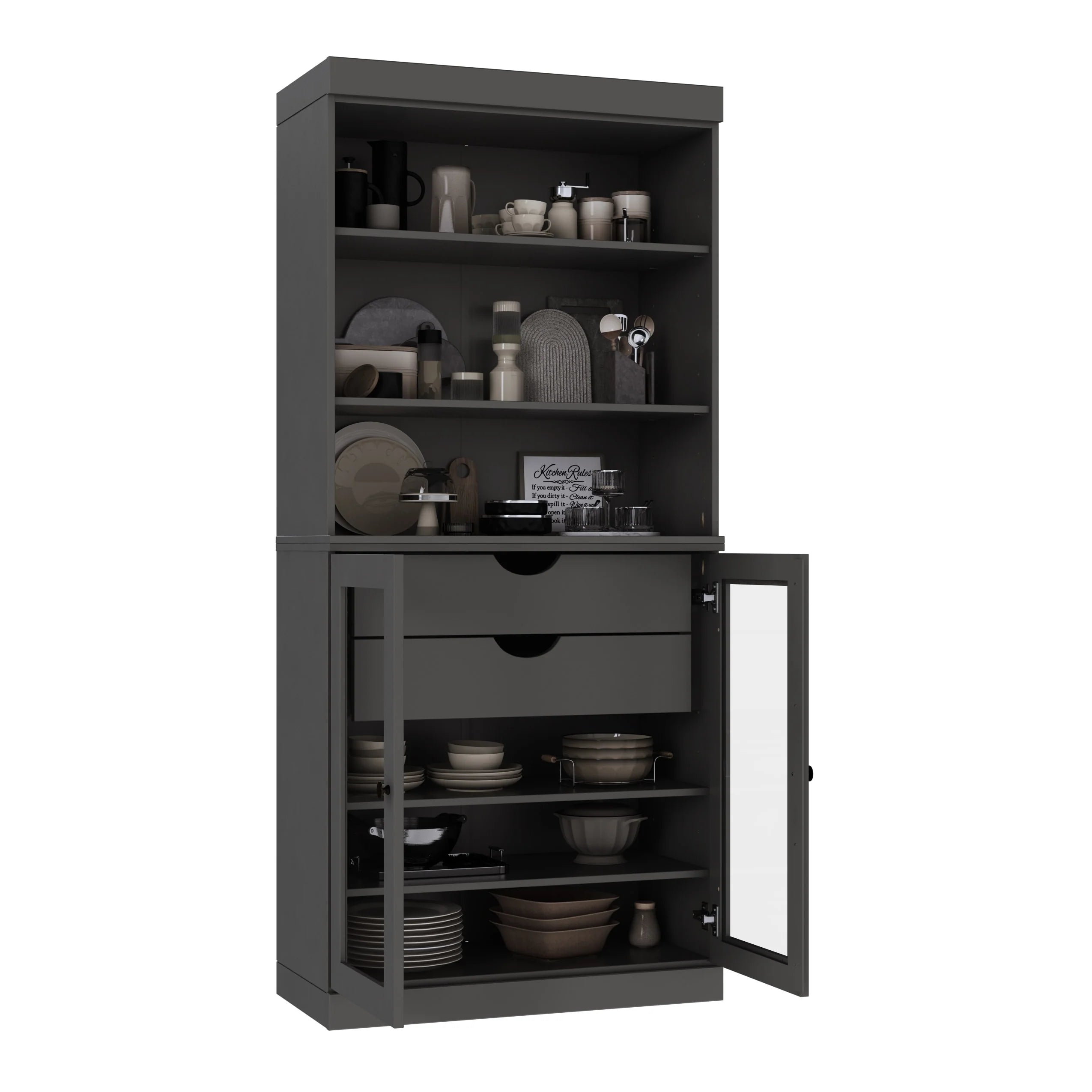 100% Solid Wood Kitchen Pantry Cabinet with 2 Clear Glass or Solid Wood Doors and 2-Drawer Organizer by Palace Imports