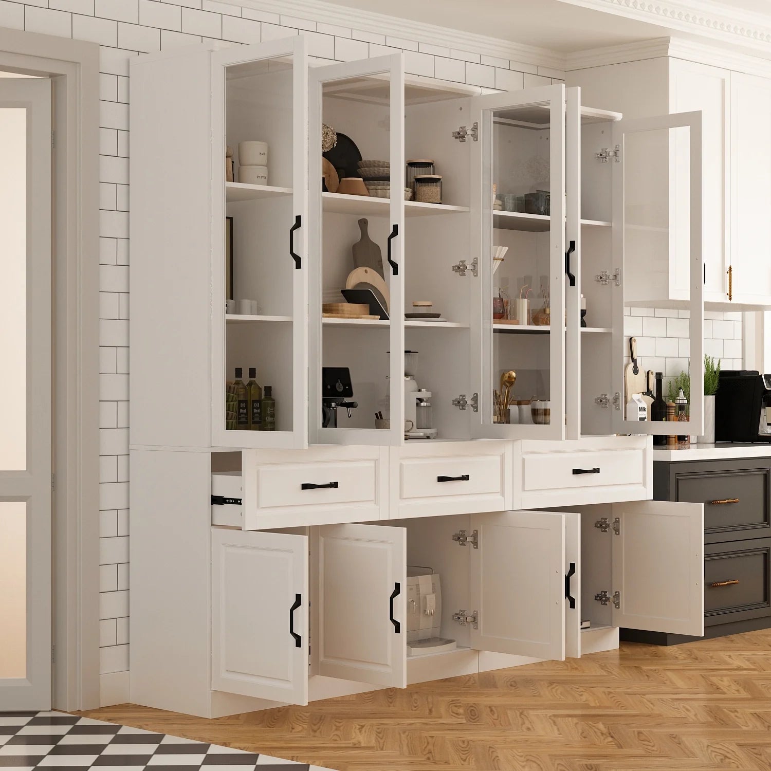 78.7"Modular White Curio Bookcase Cabinet w/Glass Doors Buffet Display