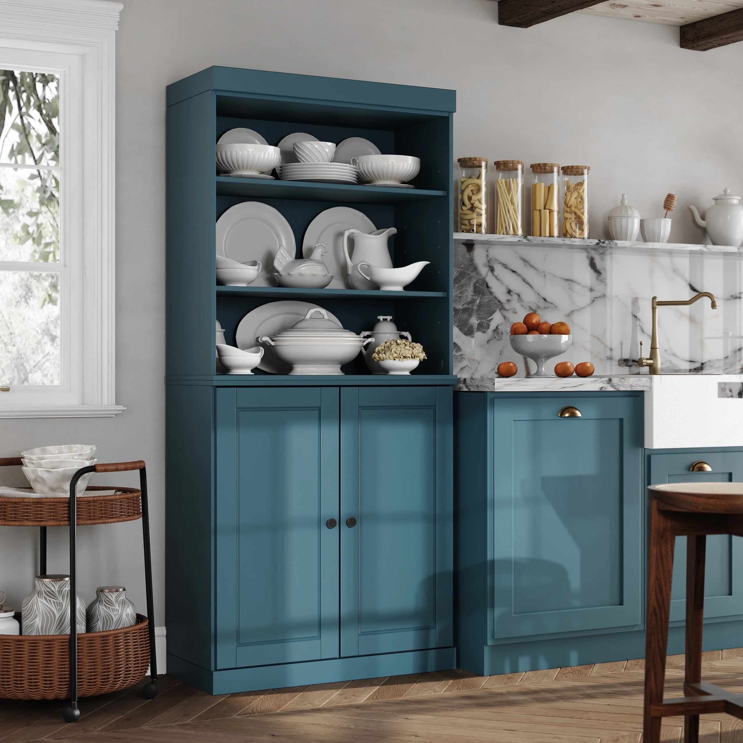 100% Solid Wood Kitchen Pantry Cabinet with 2 Clear Glass or Solid Wood Doors and 2-Drawer Organizer by Palace Imports