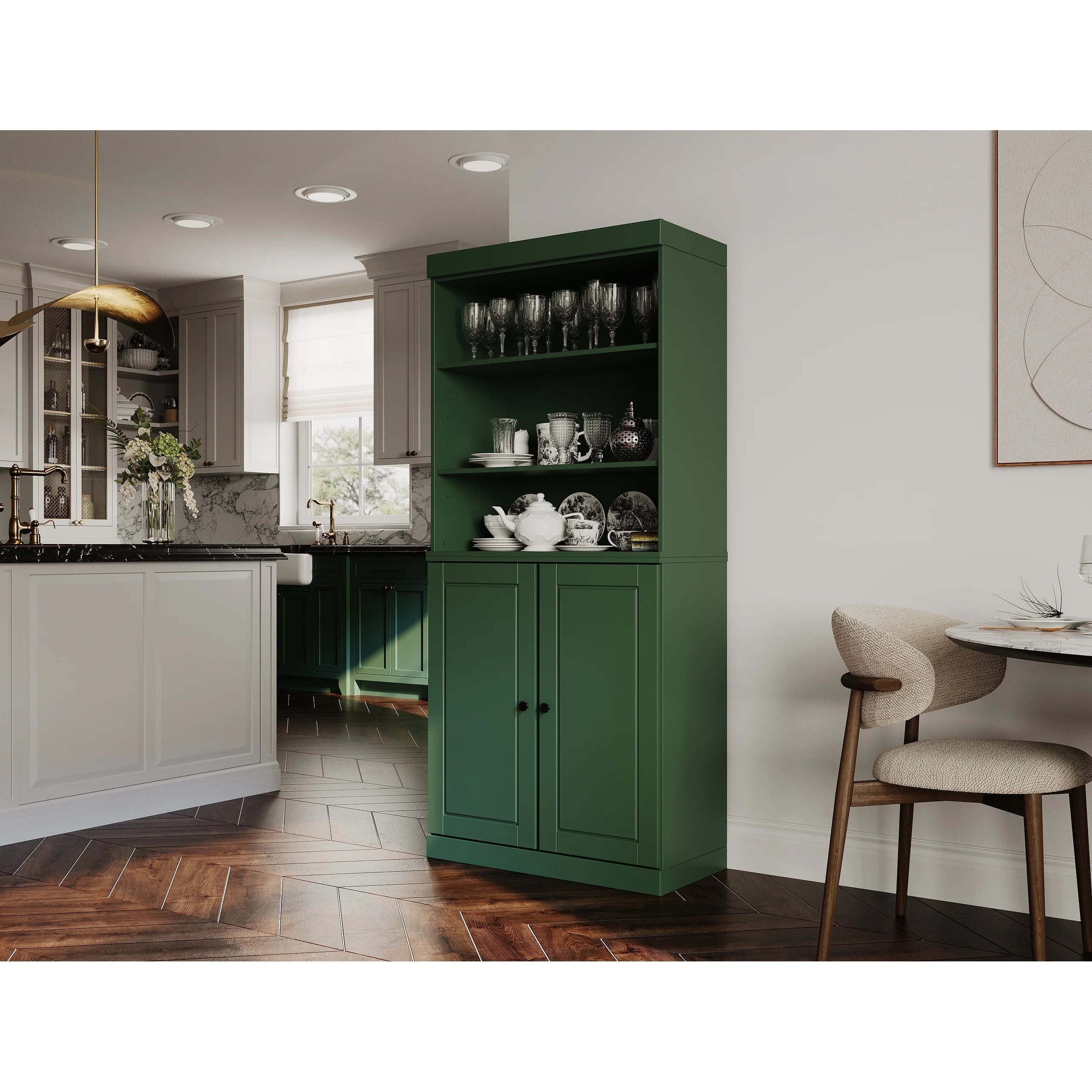 100% Solid Wood Kitchen Pantry Cabinet with 2 Clear Glass or Solid Wood Doors and 2-Drawer Organizer by Palace Imports