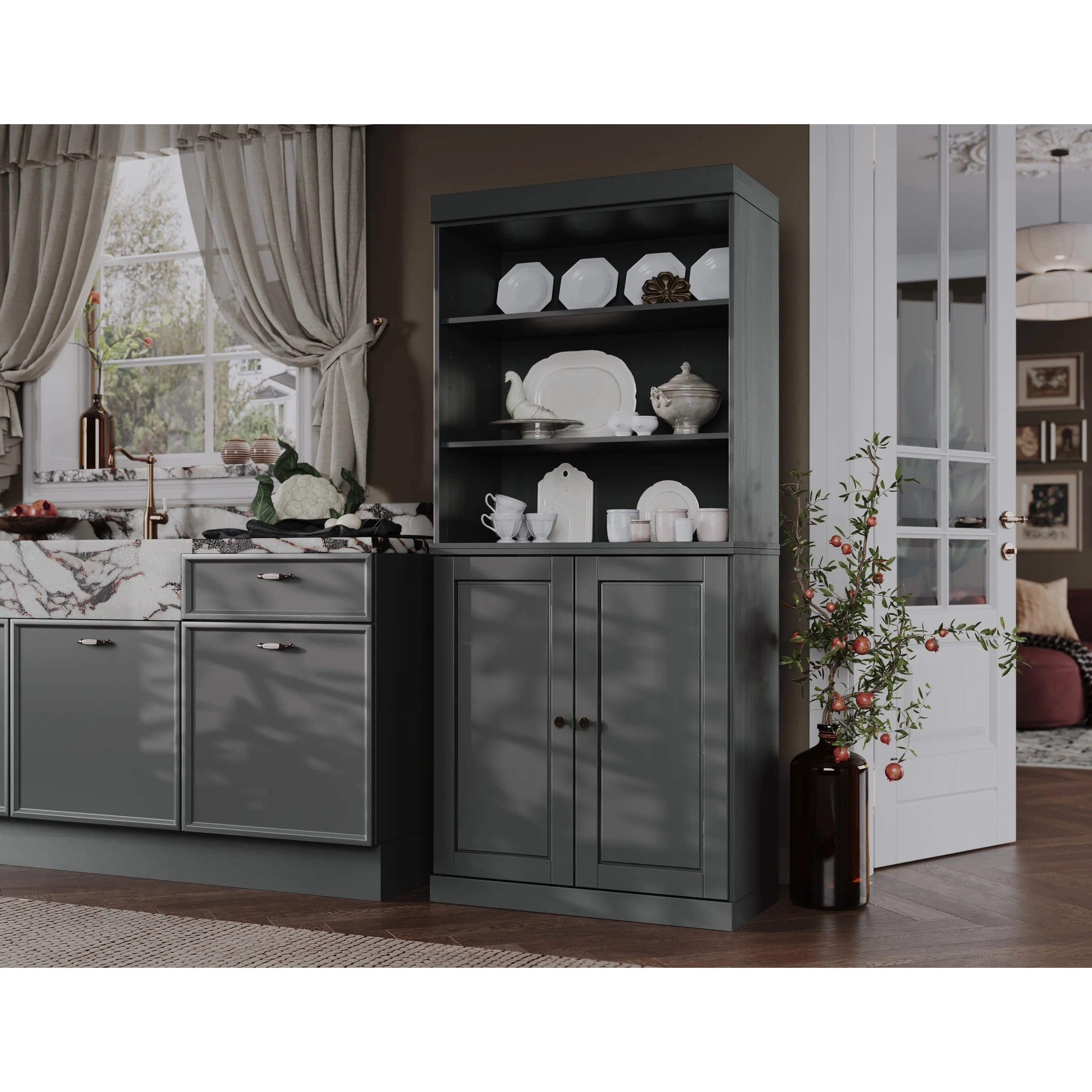 100% Solid Wood Kitchen Pantry Cabinet with 2 Clear Glass or Solid Wood Doors and 2-Drawer Organizer by Palace Imports