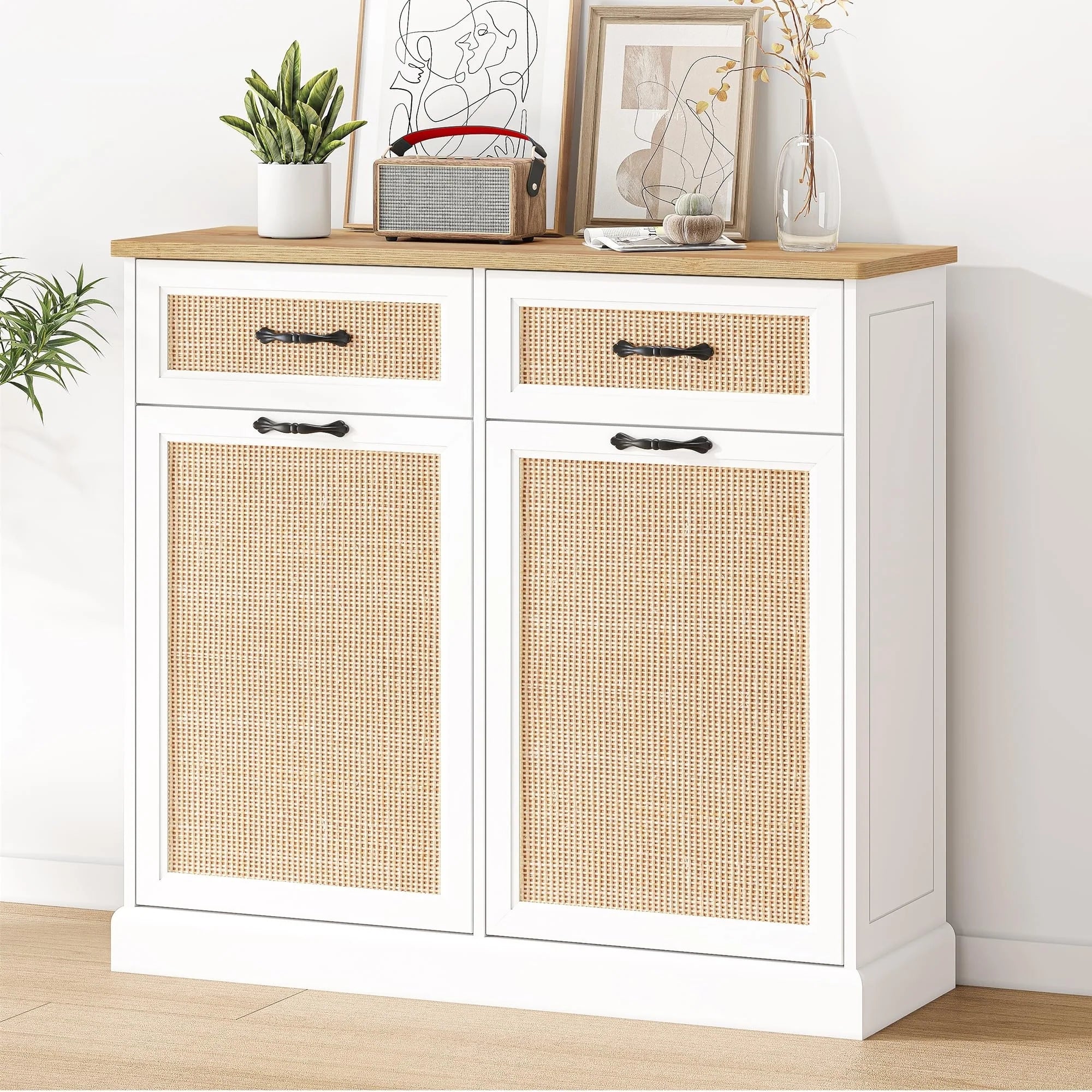 Rattarn Kitchen Tilt Out Trash Can Cabinet with Drawer