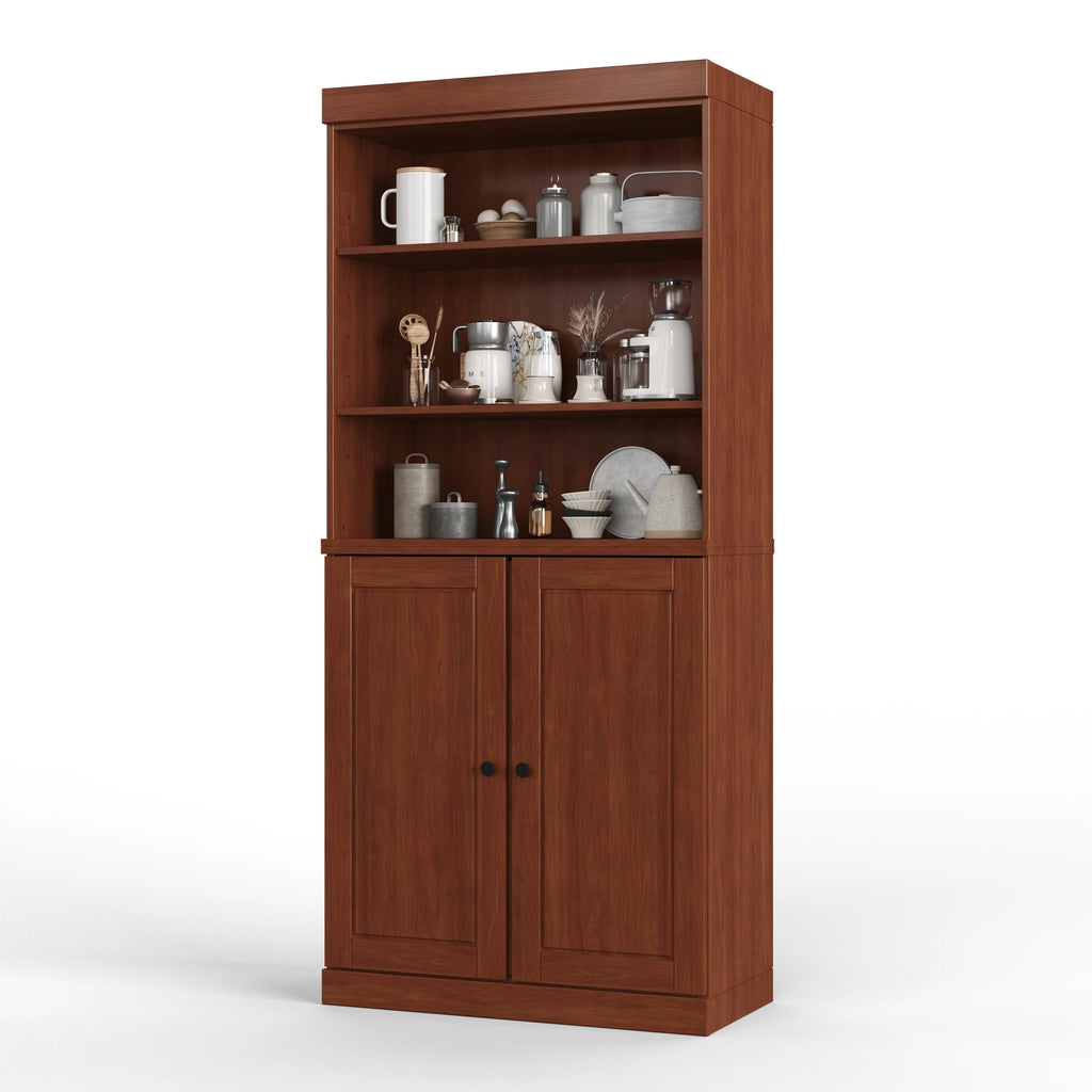100% Solid Wood Kitchen Pantry Cabinet with 2 Clear Glass or Solid Wood Doors and 2-Drawer Organizer by Palace Imports