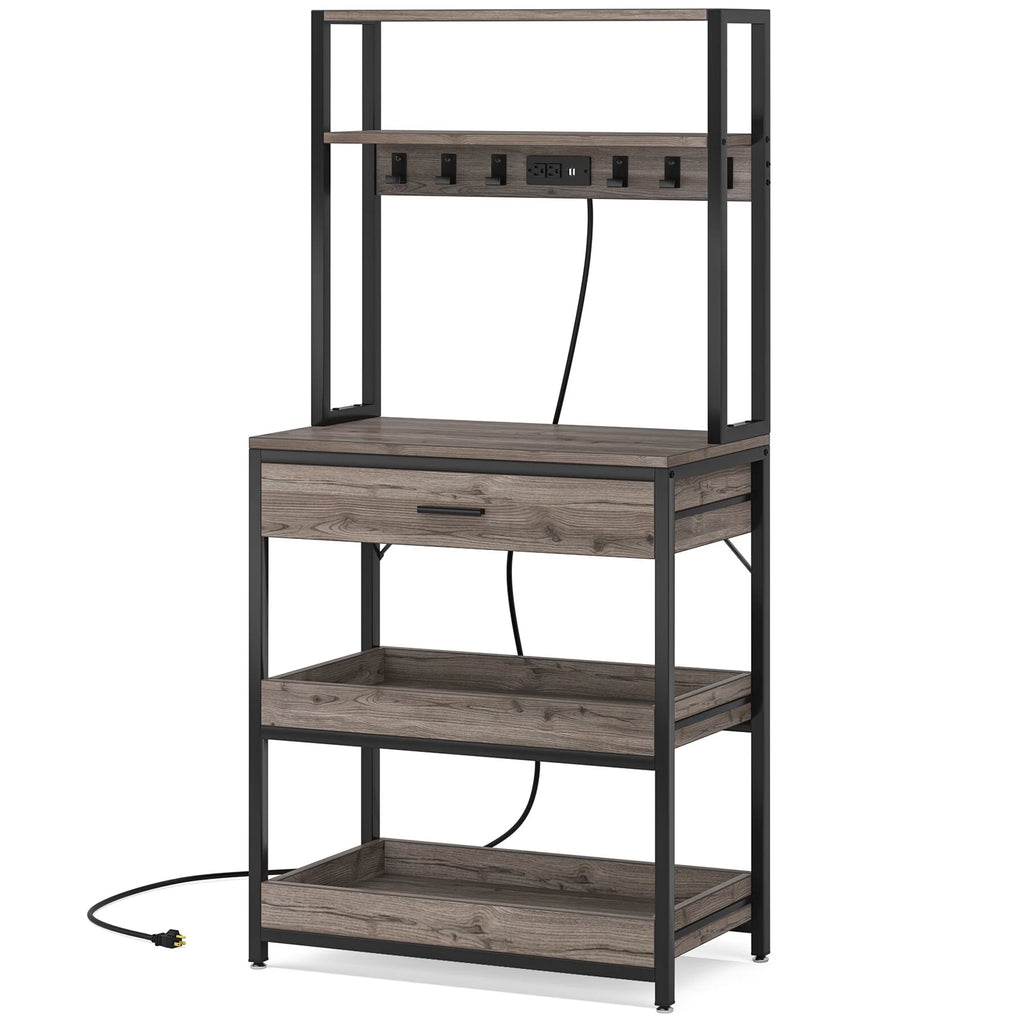 Kitchen Bakers Rack with Power Outlets, High Utility Storage Shelves Microwave Stand with Drawers