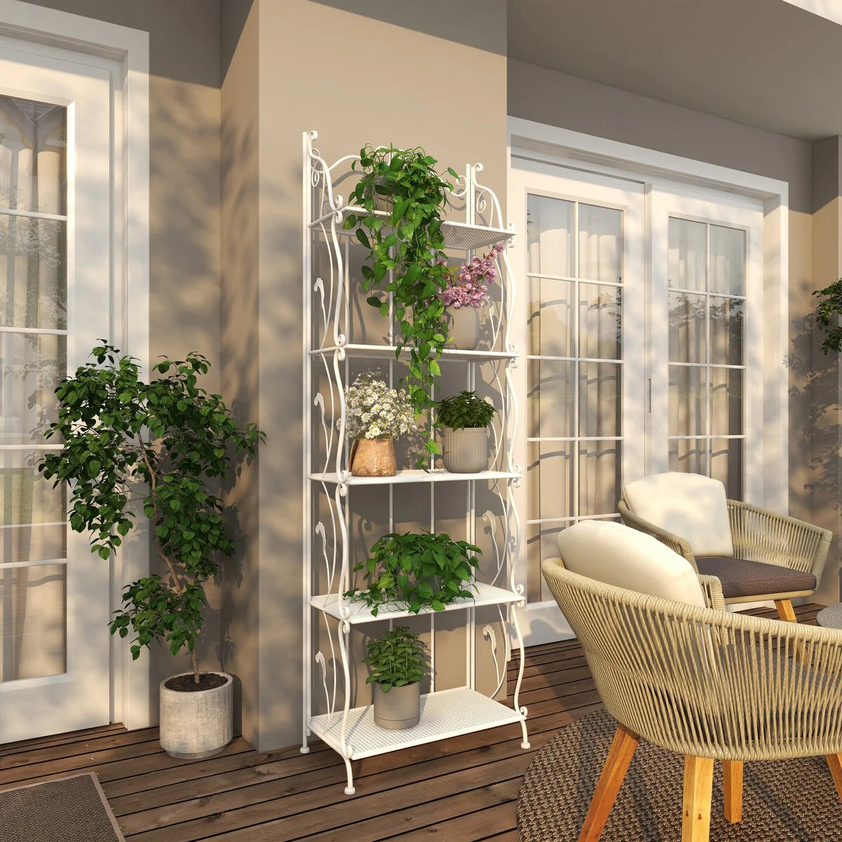Metal Scroll Indoor Outdoor Tall Folding 5 Shelves Bakers Rack - Gold or White - Roche River Decor