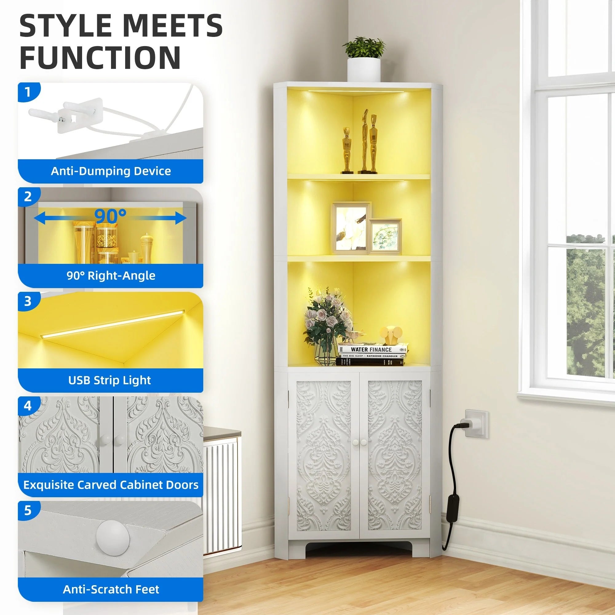 67" Tall Storage Corner Cabinet with LED Lights & 2 Carved Doors
